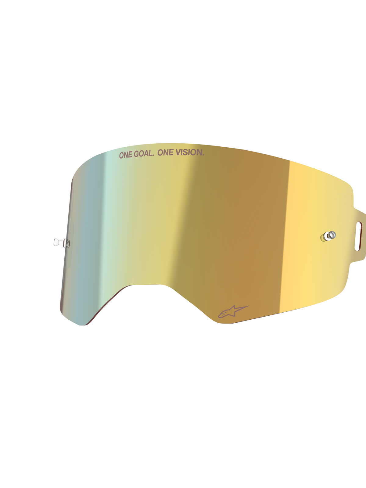 Alpinestars Supertech Mirror Lens, Mirror Gold, lente de substituição refletora para óculos com pinos para tear-off integrados e texto 'ONE GOAL. ONE VISION.', acessório de motocross de alta claridade