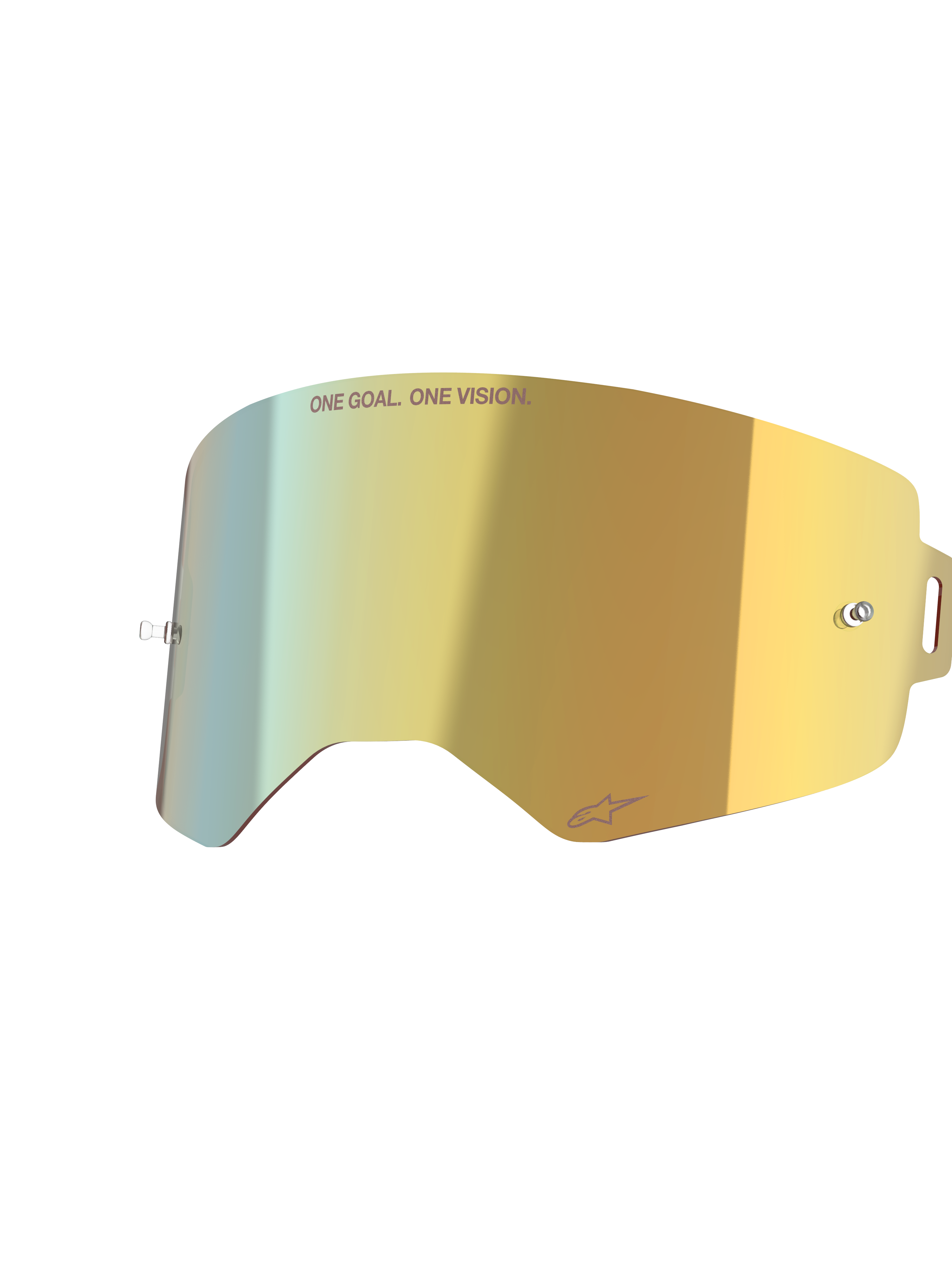 Alpinestars Supertech Mirror Lens, Mirror Gold, lente de substituição refletora para óculos com pinos para tear-off integrados e texto 'ONE GOAL. ONE VISION.', acessório de motocross de alta claridade
