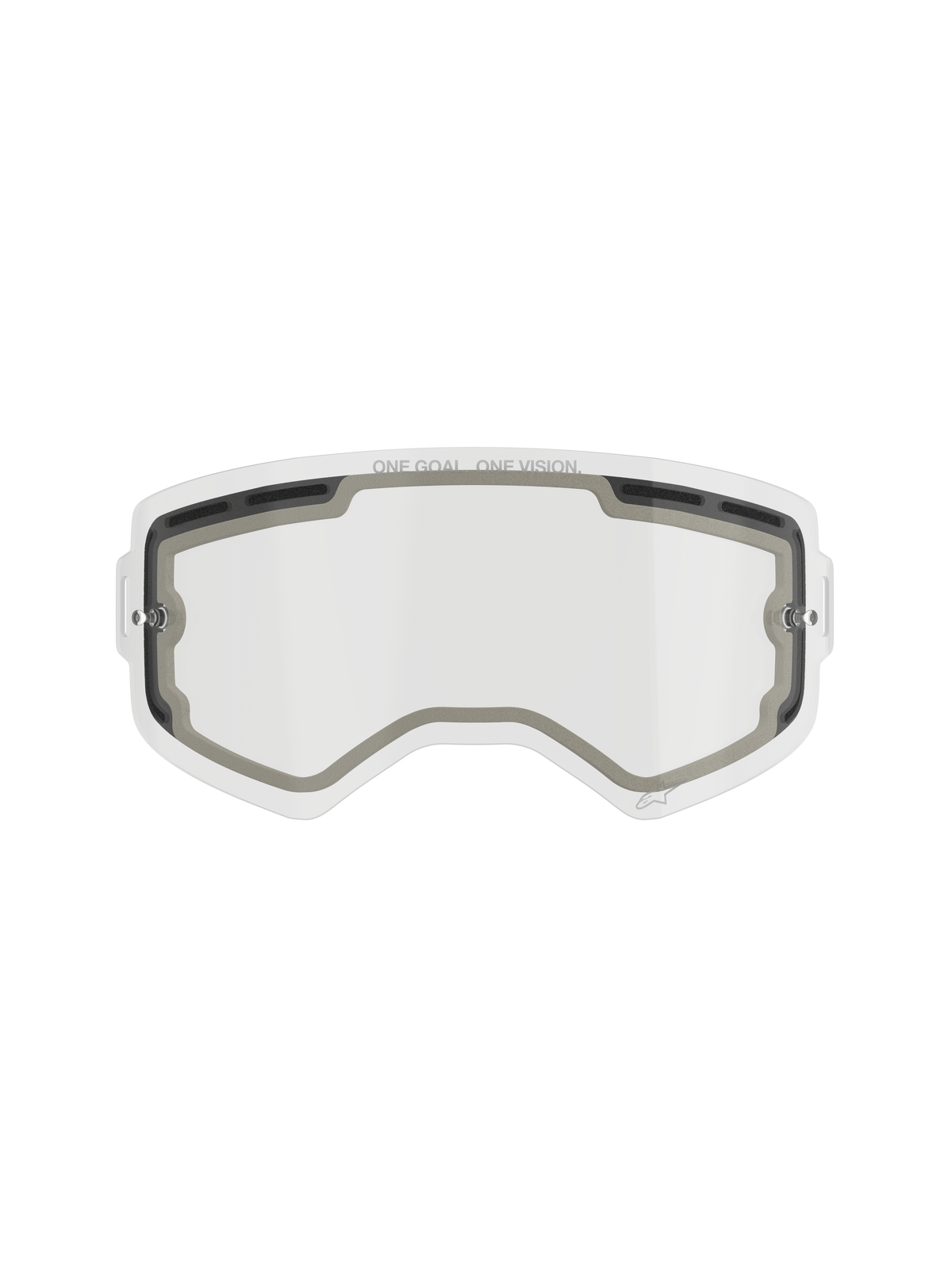 Alpinestars Supertech Double Pane Lens, lente de substituição para óculos de motocross, transparente, design ventilado com vedantes de espuma cinzentos, slogan 'ONE GOAL. ONE VISION.' no bordo superior, policarbonato curvo anti-embaciamento para todo-o-terreno