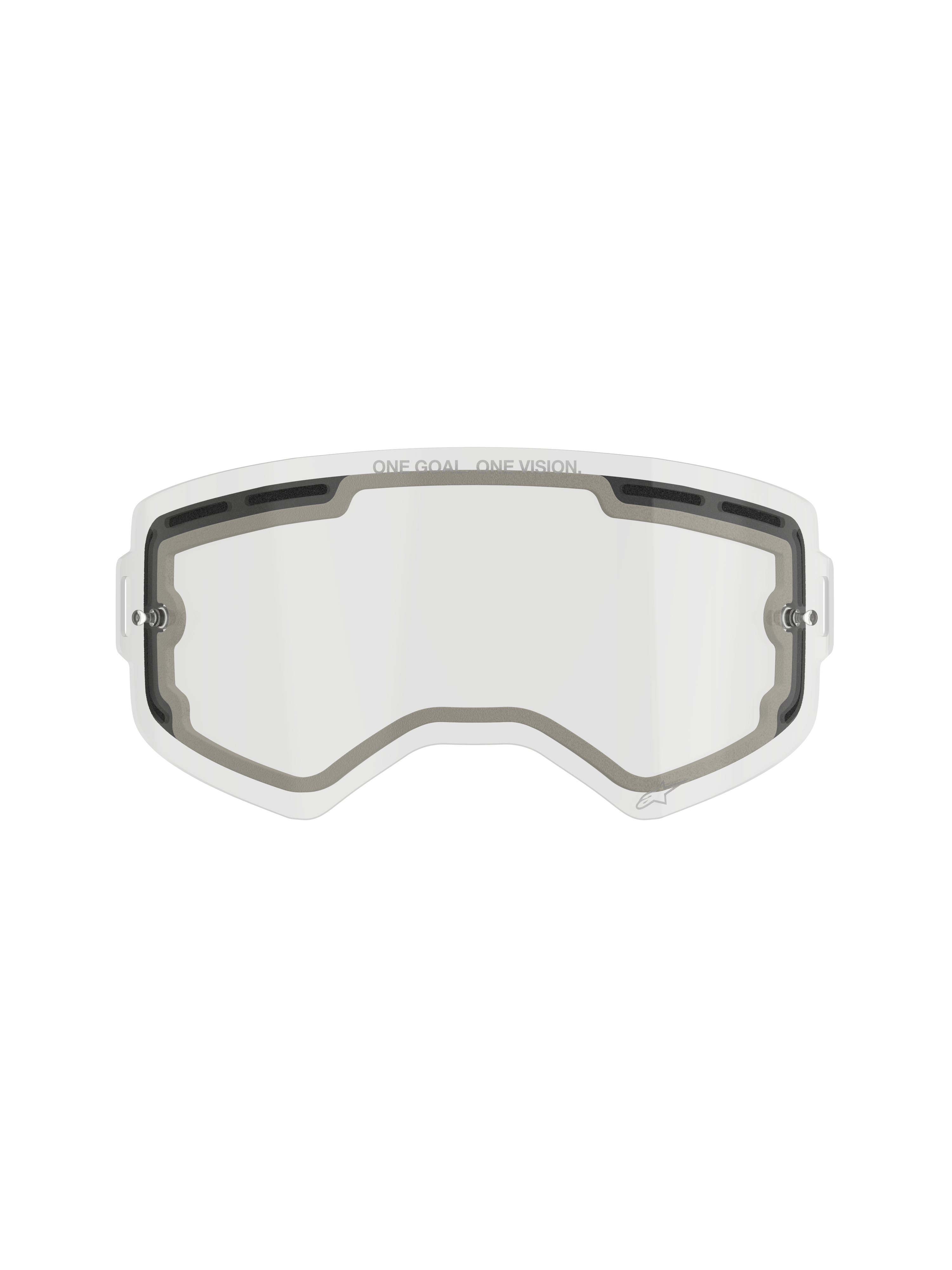Alpinestars Supertech Double Pane Lens, lente de substituição para óculos de motocross, transparente, design ventilado com vedantes de espuma cinzentos, slogan 'ONE GOAL. ONE VISION.' no bordo superior, policarbonato curvo anti-embaciamento para todo-o-terreno