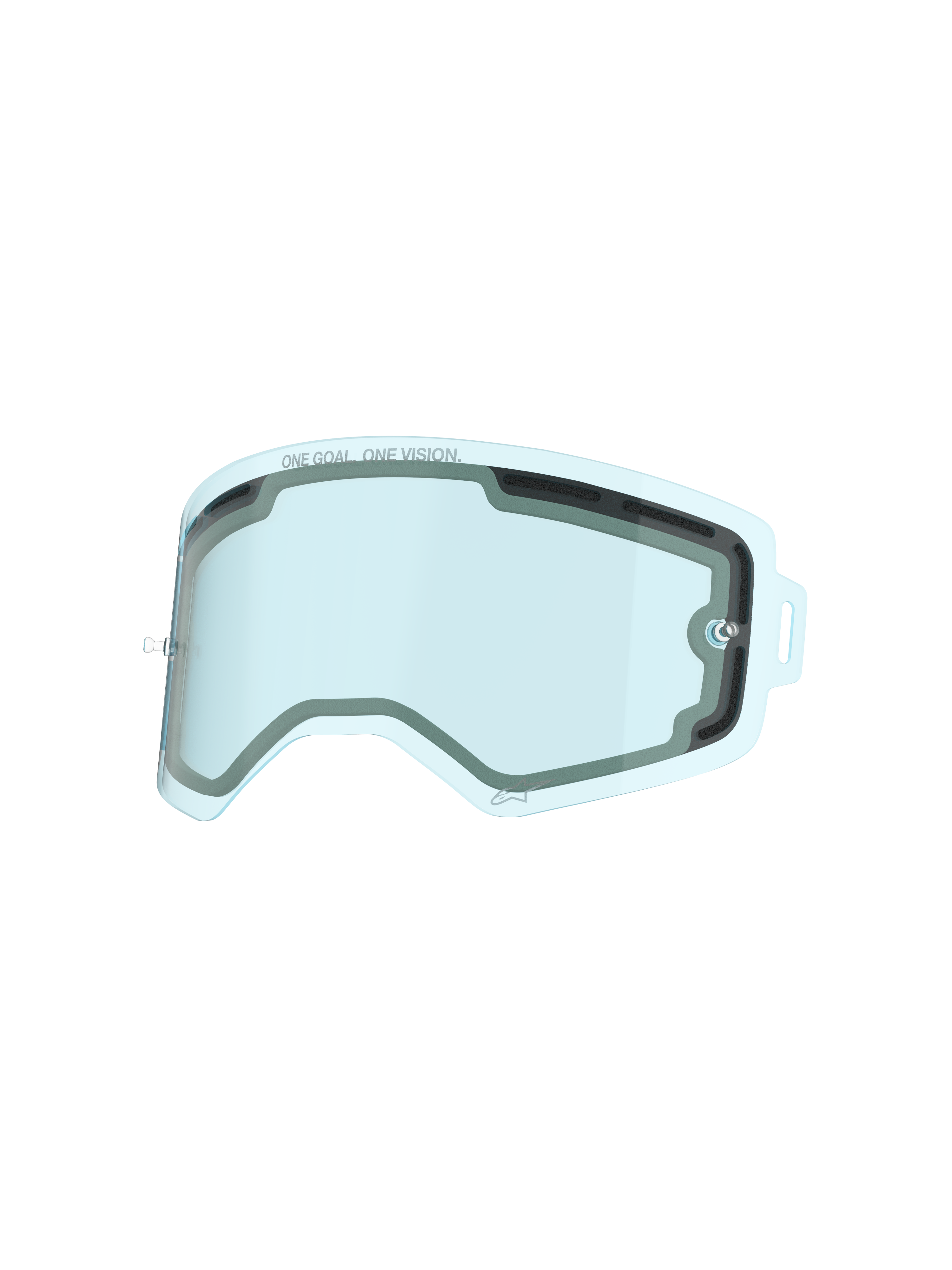 Alpinestars Supertech Lens, Blue Tinted Double Pane Vented Goggle Lens, featuring 'ONE GOAL. ONE VISION.' text, impact-resistant polycarbonate replacement lens for motocross and off-road racing protection