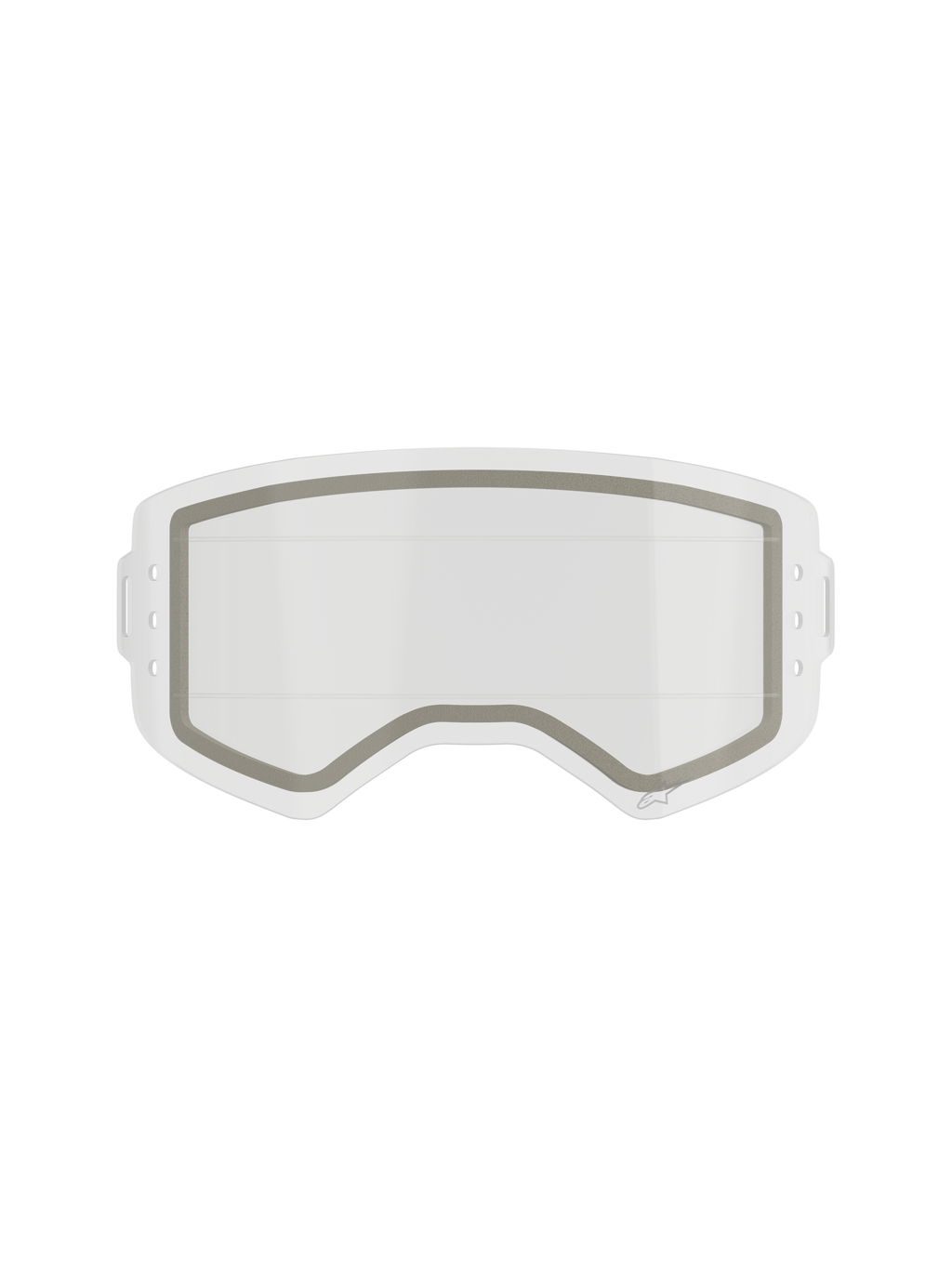 Alpinestars Supertech Dual Pane Roll Off Lens, Motocross Goggle Replacement Lens, Clear, dual-pane construction with a visible grey neoprene seal and side notches for roll-off film, transparent impact-resistant polycarbonate
