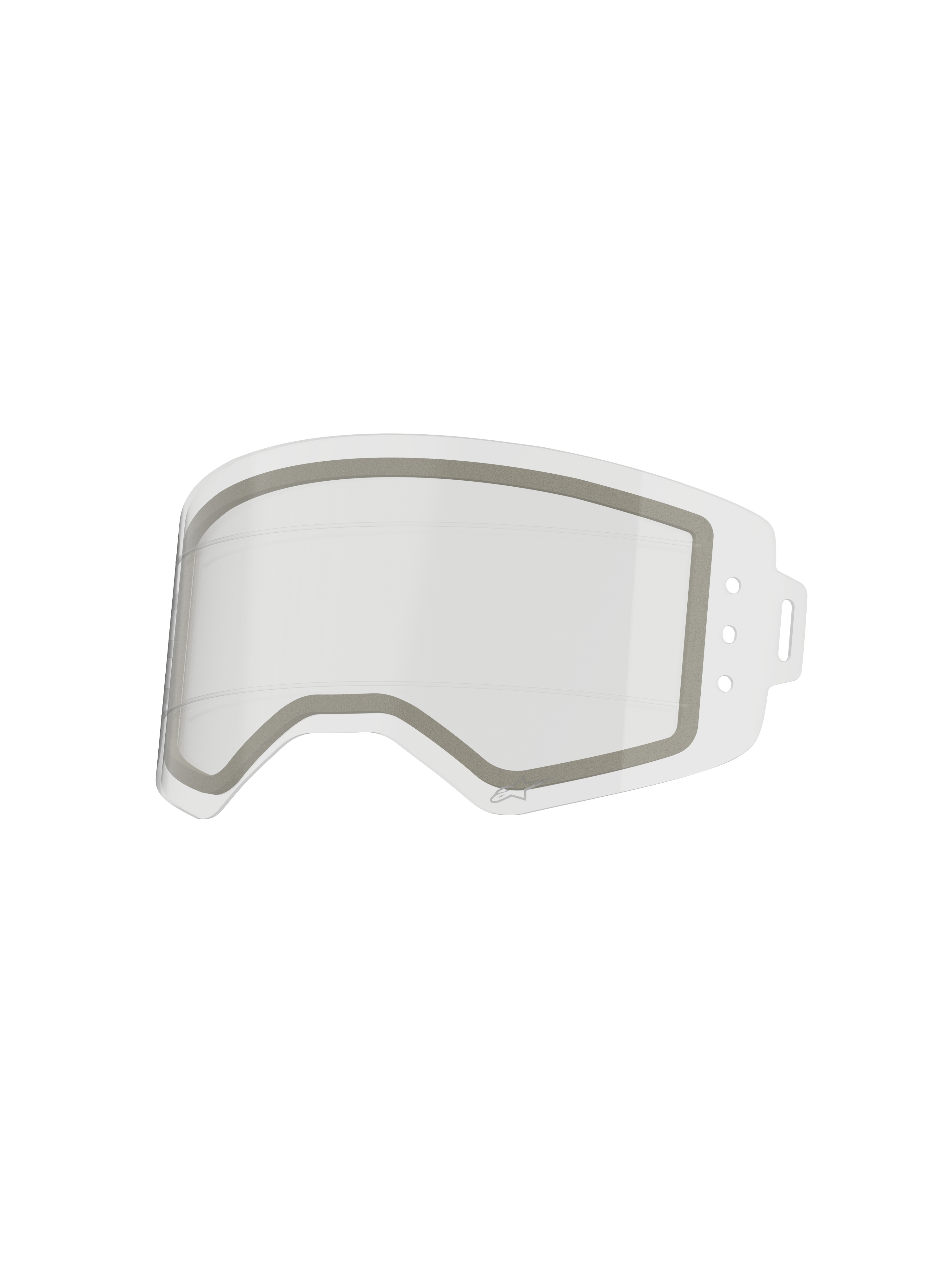 Alpinestars Supertech Dual Pane Roll Off Lens, Clear Replacement Goggle Lens, featuring a dual-pane anti-fog construction with a grey neoprene seal and integrated silicone glide lines for smooth roll-off film performance, made from impact-resistant polycarbonate.