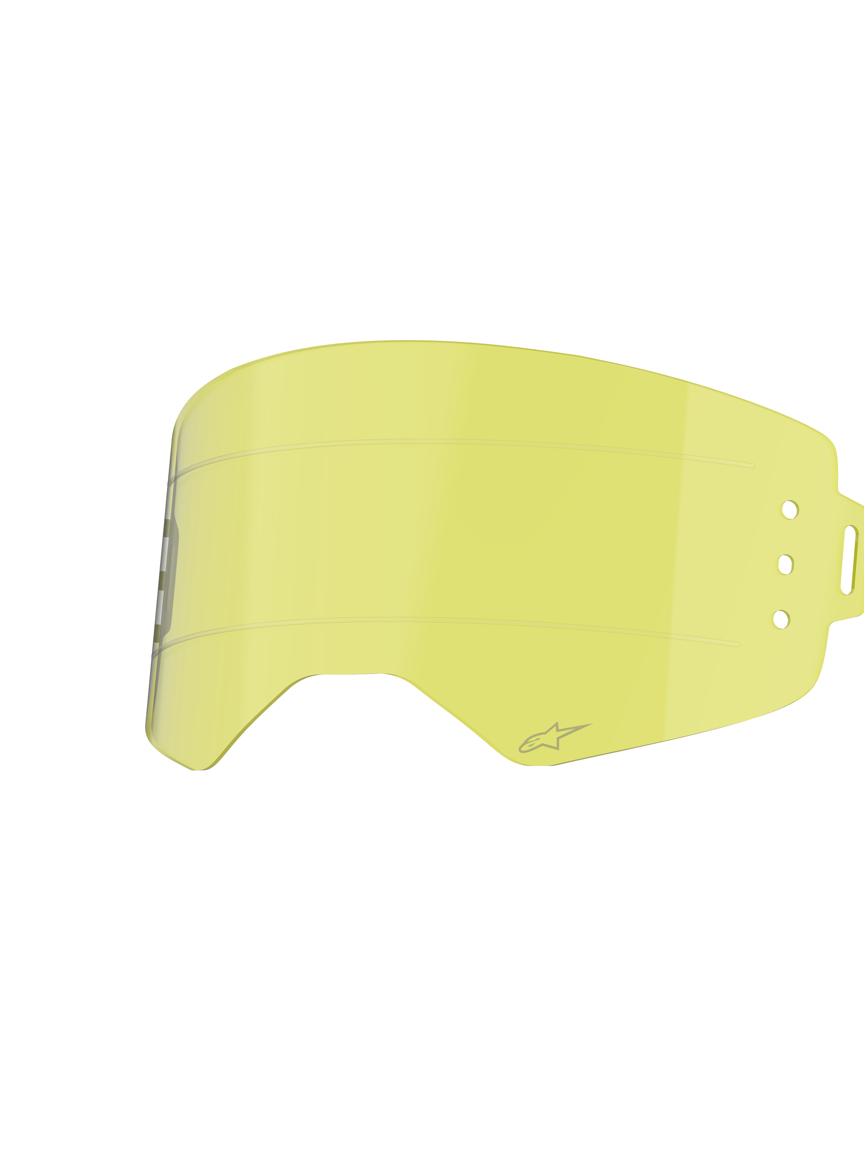 Lente Alpinestars Supertech Roll Off, acessório para óculos de motocross, amarelo claro, com linhas de deslize horizontais e pontos de fixação laterais para sistemas roll-off, design curvo em policarbonato resistente a impactos