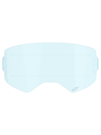 Alpinestars Supertech Roll Off Lens, Motocross Goggle Accessory, Clear Blue, transparent light blue polycarbonate lens featuring horizontal glide lines for smooth film movement and side mounting slots for roll-off systems.