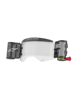 Alpinestars Supertech Roll Off Kit Wide Vision, acessório para óculos de motocross, lente transparente anti-embaciamento com sistema de película roll-off integrado, canisters pretos e patilha vermelha, com a marca ONE GOAL ONE VISION, em policarbonato de alto impacto para corridas de todo-o-terreno