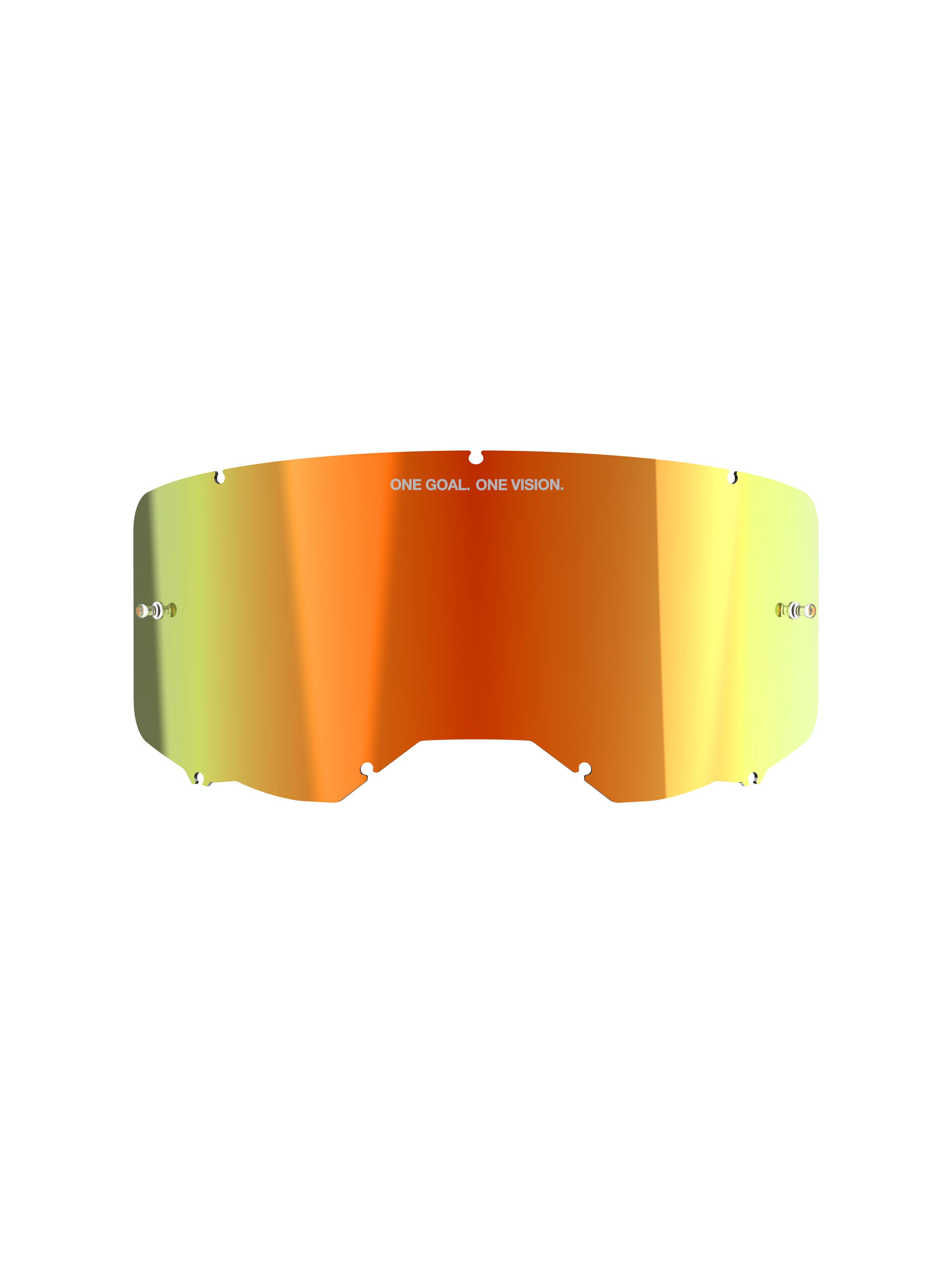 Alpinestars Vision 8-5-3 Mirror Lens, acessório para óculos de motocross, acabamento espelhado vermelho com gradiente laranja e amarelo, com o texto 'ONE GOAL. ONE VISION.', pinos de tear-off integrados e bordas com entalhes para montagem segura na armação.