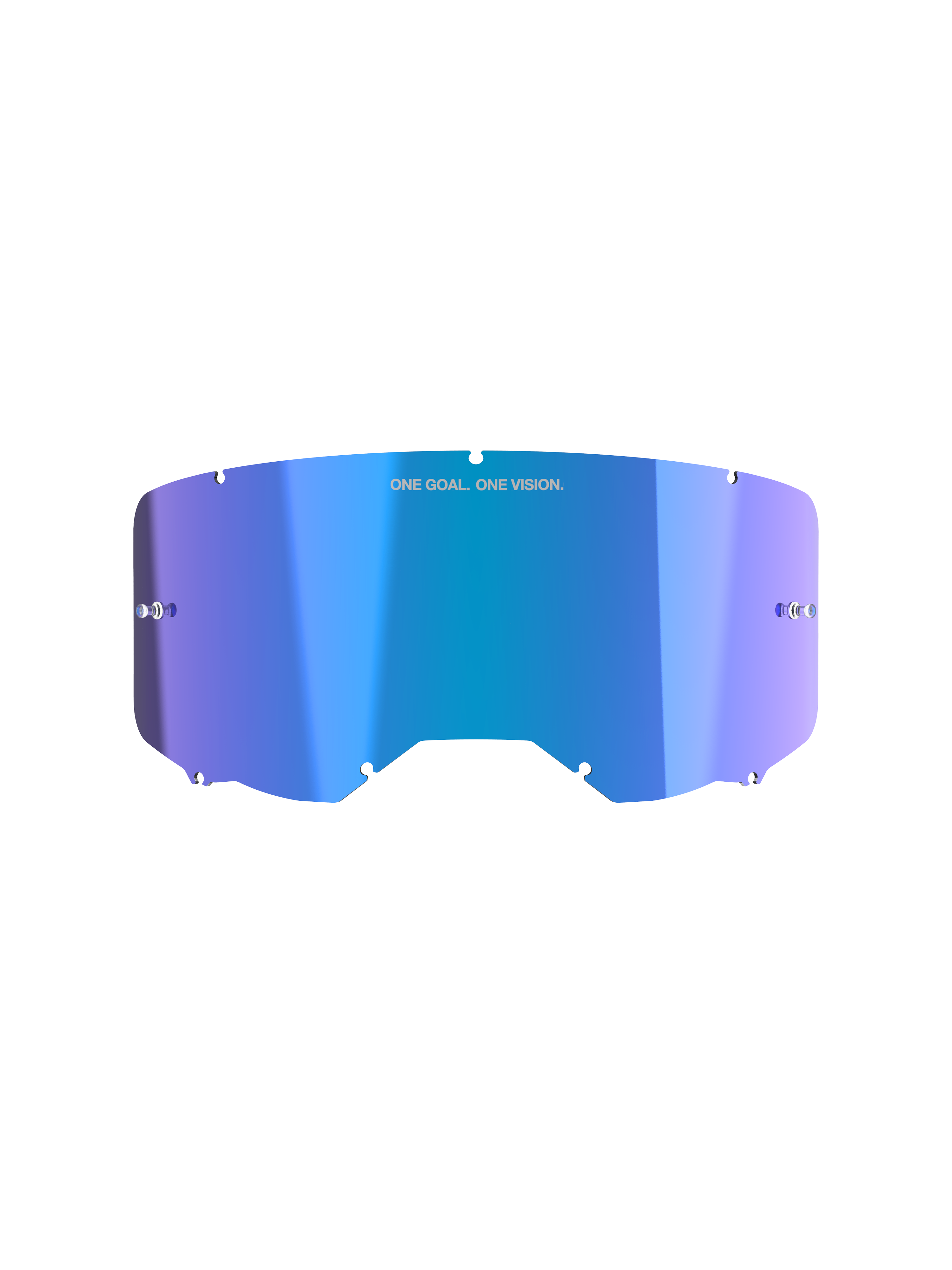 Alpinestars Vision 8-5-3 Mirror Lens, acessório para óculos de motocross, azul espelhado com gradiente roxo e acabamento refletor, inscrição "ONE GOAL. ONE VISION.", design curvo em policarbonato com entalhes de fixação e pinos para tear-off