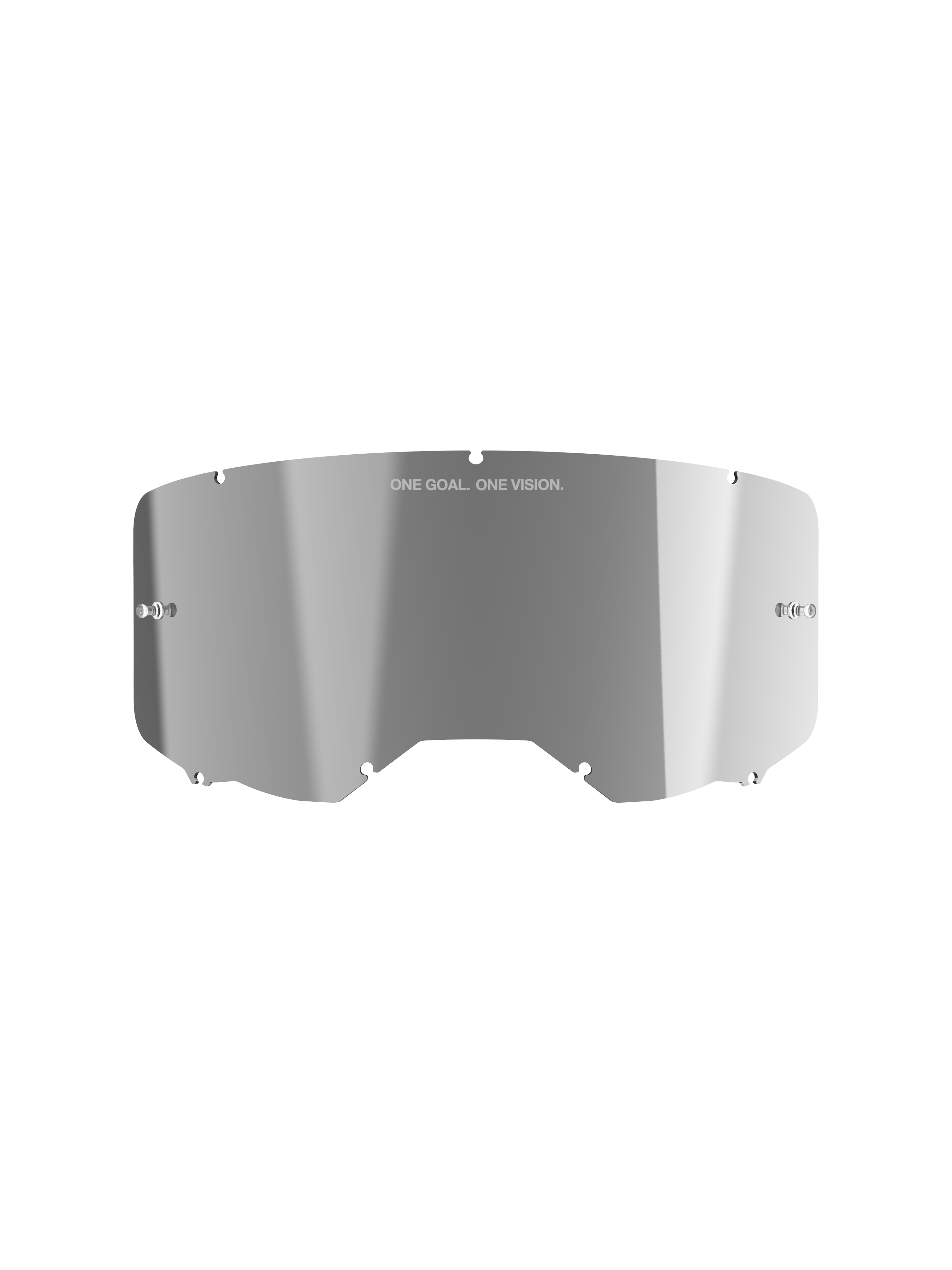 Alpinestars Vision 8-5-3 Mirror Lens, acabamento reflexivo Mirror Silver, construção em policarbonato curvo com a marca 'ONE GOAL. ONE VISION.', postes de tear-off integrados, lente de substituição para óculos de motocross