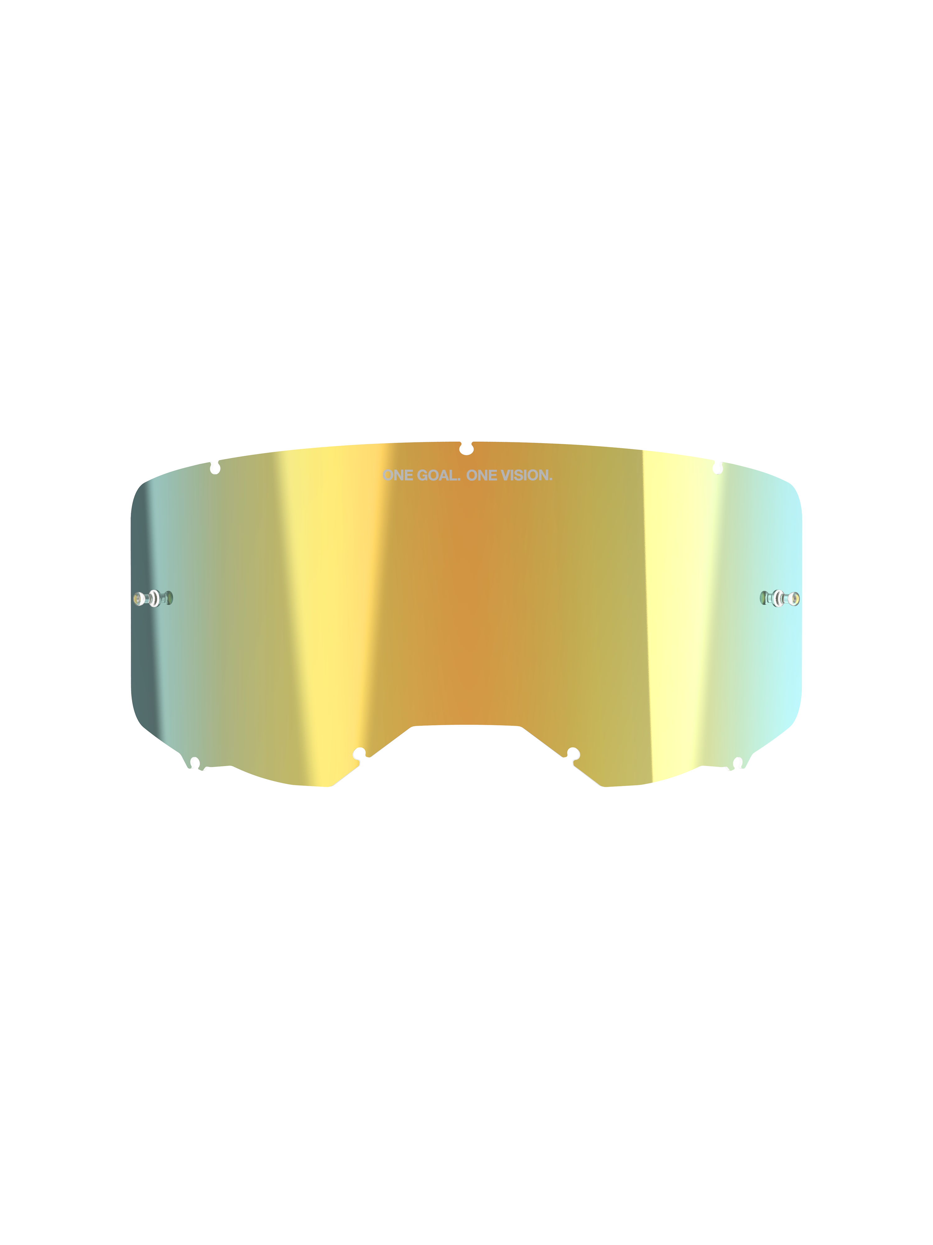 Alpinestars Vision 8-5-3 Mirror Lens, acessório para óculos de motocross, dourado espelhado, acabamento metálico refletor com o texto "ONE GOAL. ONE VISION.", postes de tear-off integrados, sistema de bloqueio de sete orifícios, policarbonato de alta nitidez para corridas todo-o-terreno