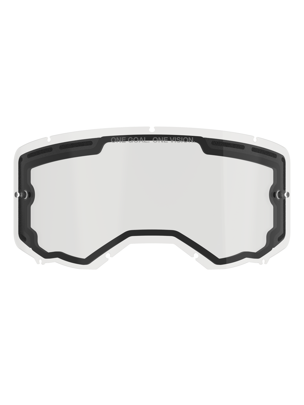 Alpinestars Vision 8-5-3 Dual Pane Lens, Clear replacement lens for motocross goggles, featuring a black inner seal with top ventilation ports, side tear-off posts, "ONE GOAL ONE VISION" branding on the upper border, off-road racing accessory