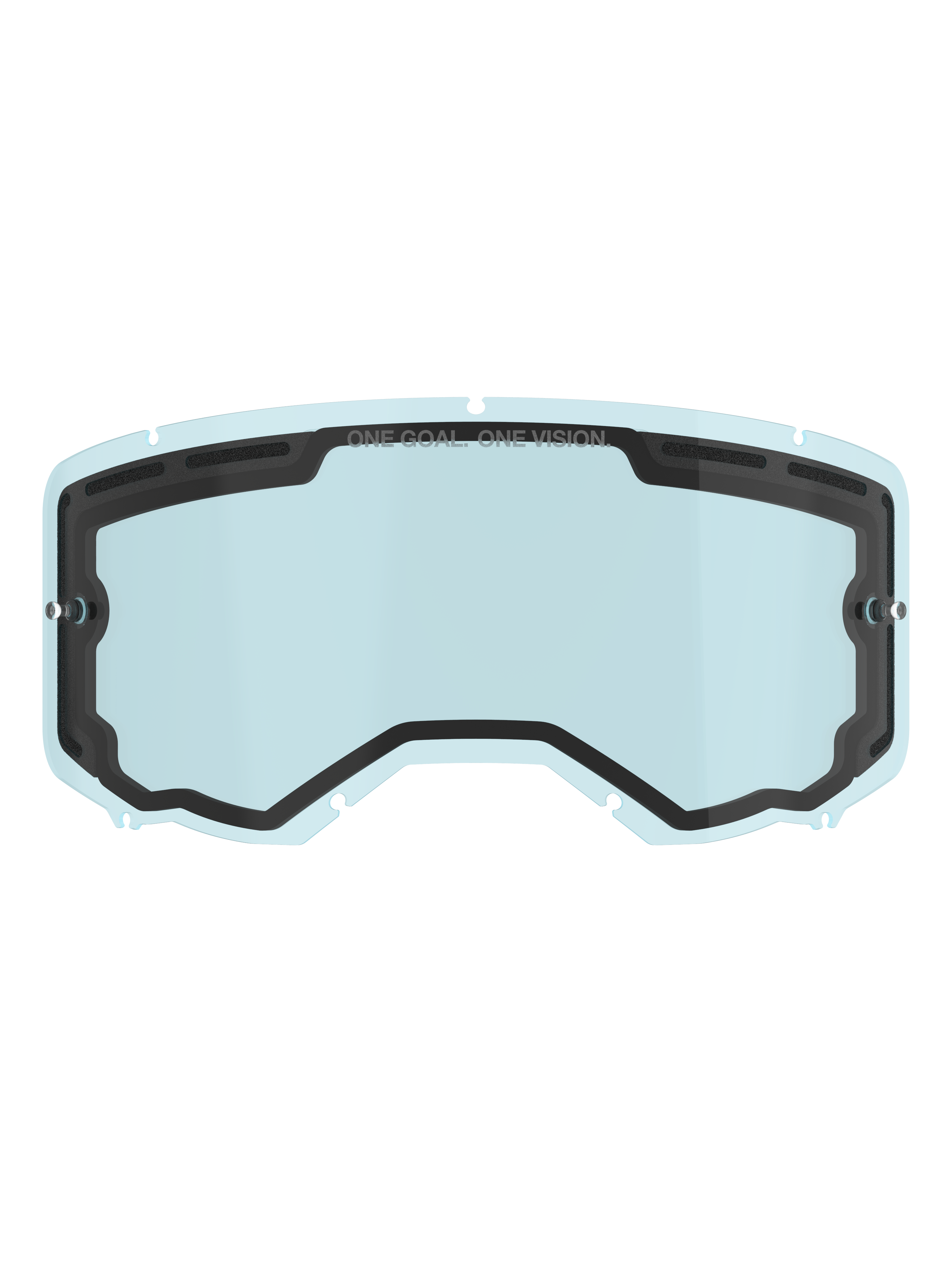 Lente Alpinestars Vision 8-5-3 Dual Pane, lente de substituição para óculos com tonalidade azul claro, vedação interna preta com a marca "ONE GOAL. ONE VISION.", suportes laterais para tear-off, design curvo com ventilação superior para motocross e condução todo-o-terreno