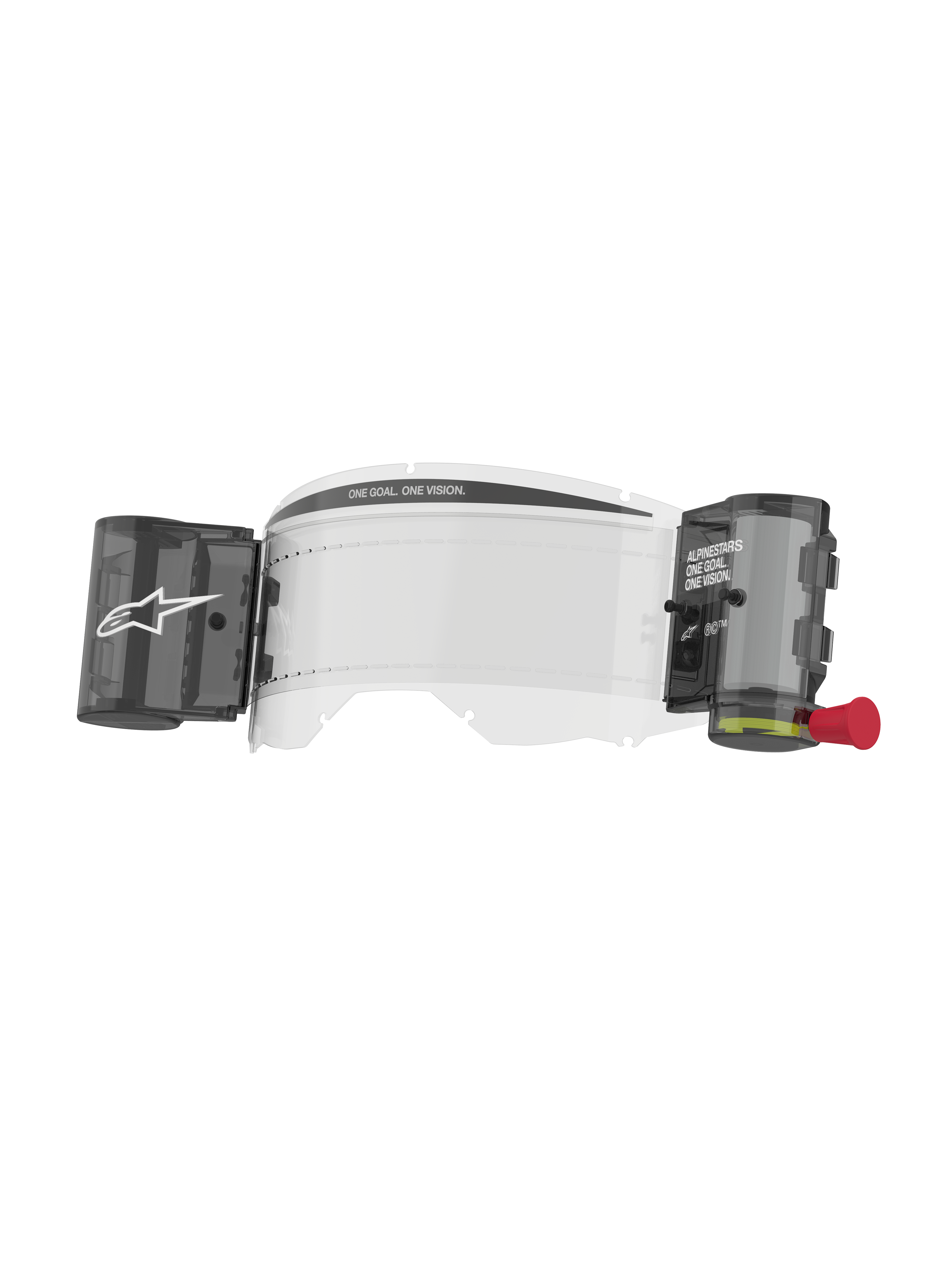 Alpinestars Vision 8-5-3 Roll Film Kit, lente de óculos transparente, sistema roll-off de visão ampla integrado com depósitos de cor fumada, botão de puxar vermelho, apresenta a marca 'ONE GOAL. ONE VISION.', acessório essencial de corrida de motocross para uma visibilidade clara