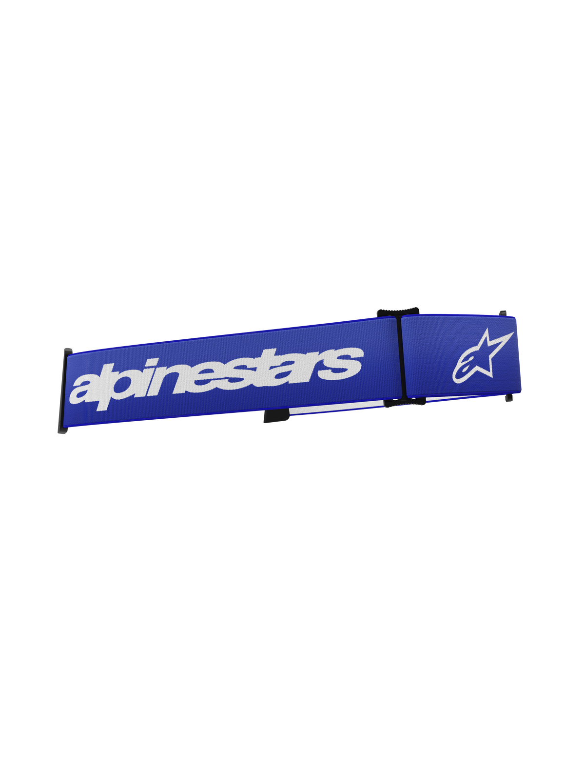 Alpinestars Supertech Goggles Strap, acessório para óculos de motocross, azul e branco, com o texto Alpinestars e o logótipo de estrela em branco sobre uma banda azul vibrante, correia de substituição com sistema de encaixe para corridas todo-o-terreno