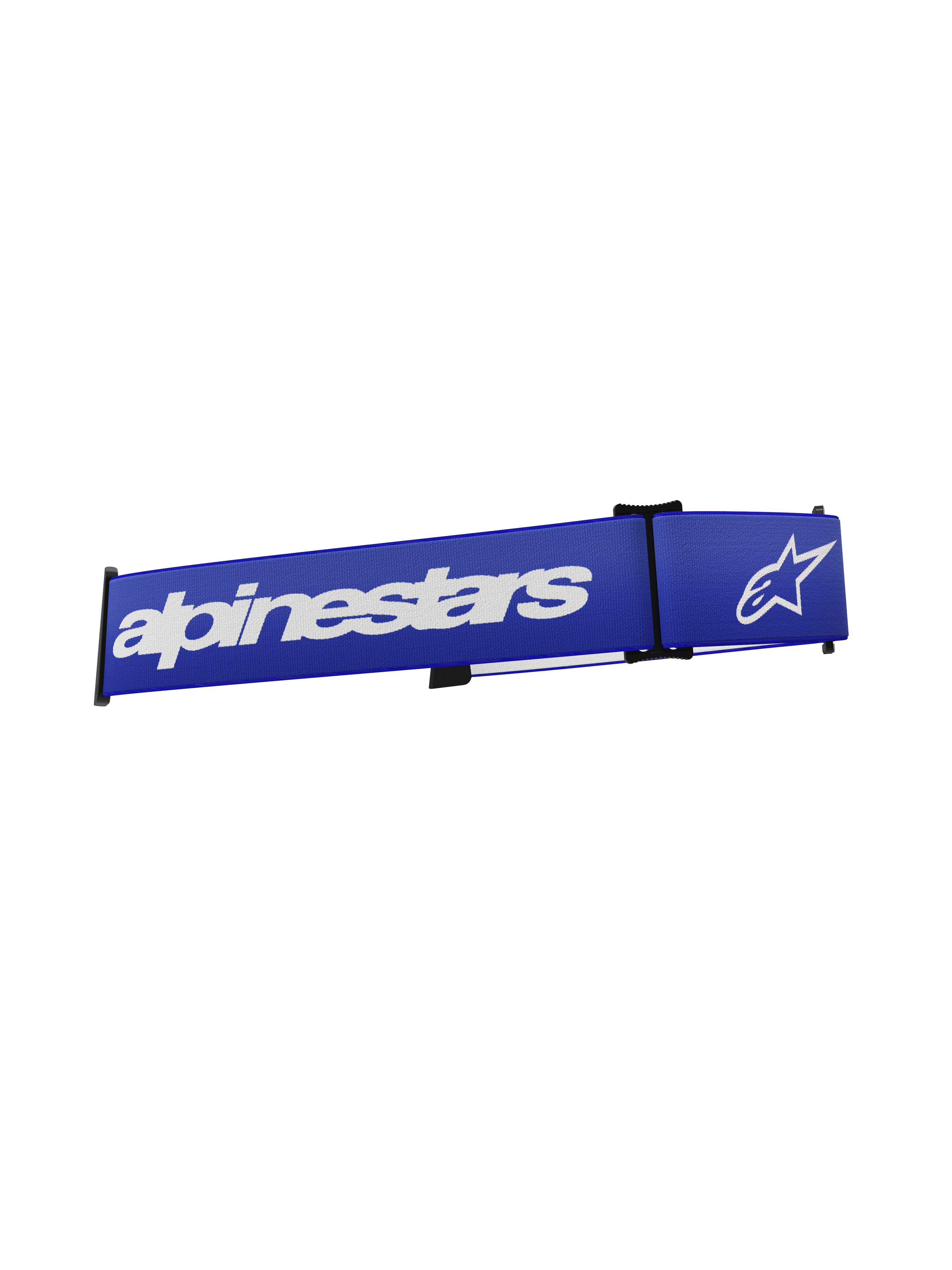 Alpinestars Supertech Goggles Strap, acessório para óculos de motocross, azul e branco, com o texto Alpinestars e o logótipo de estrela em branco sobre uma banda azul vibrante, correia de substituição com sistema de encaixe para corridas todo-o-terreno