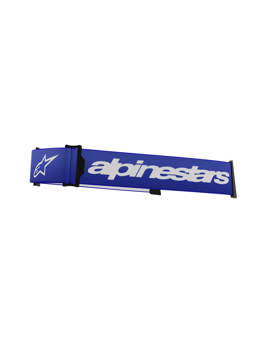 Correia para Óculos Supertech Alpinestars, correia de substituição para óculos de motocross, azul e branco, marca nominativa e logótipo de estrela Alpinestars em branco, cunha ISP e clipes de fixação pretos, textura tecida durável