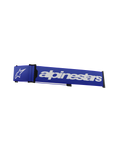 Correia para Óculos Supertech Alpinestars, correia de substituição para óculos de motocross, azul e branco, marca nominativa e logótipo de estrela Alpinestars em branco, cunha ISP e clipes de fixação pretos, textura tecida durável