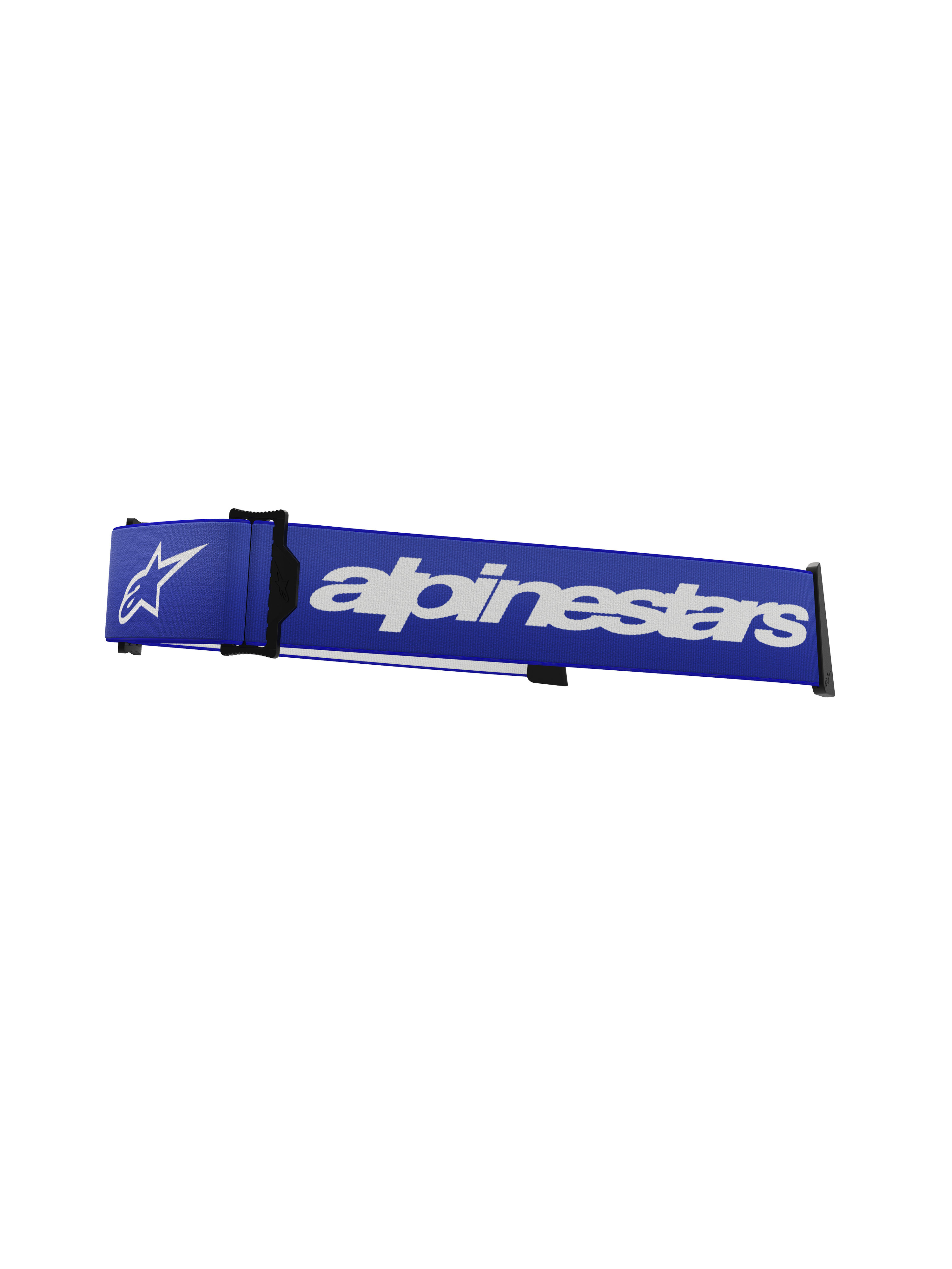 Correia para Óculos Supertech Alpinestars, correia de substituição para óculos de motocross, azul e branco, marca nominativa e logótipo de estrela Alpinestars em branco, cunha ISP e clipes de fixação pretos, textura tecida durável