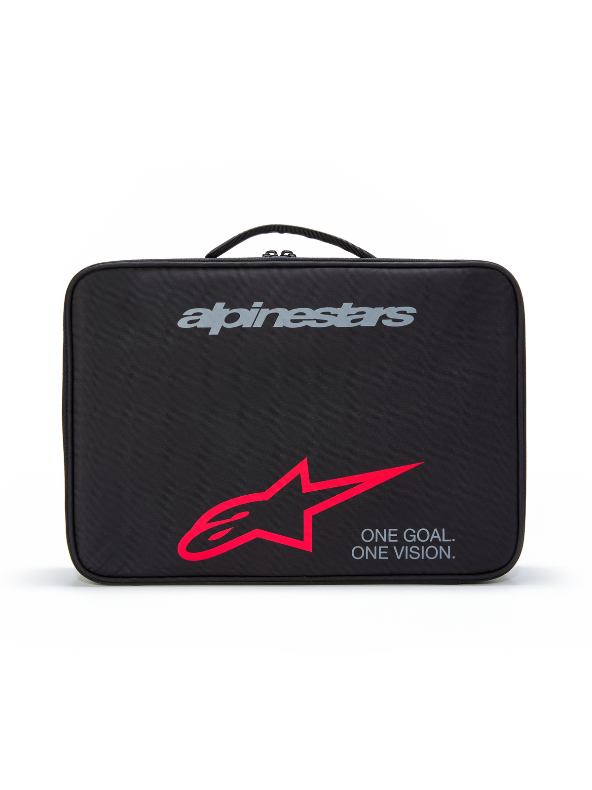 Alpinestars Supertech Vision Goggles Case, estojo de transporte protetor preto com pega superior, logótipo da marca cinzento, logótipo de estrela vermelho grande, lema "ONE GOAL. ONE VISION.", armazenamento durável para óculos de motocross