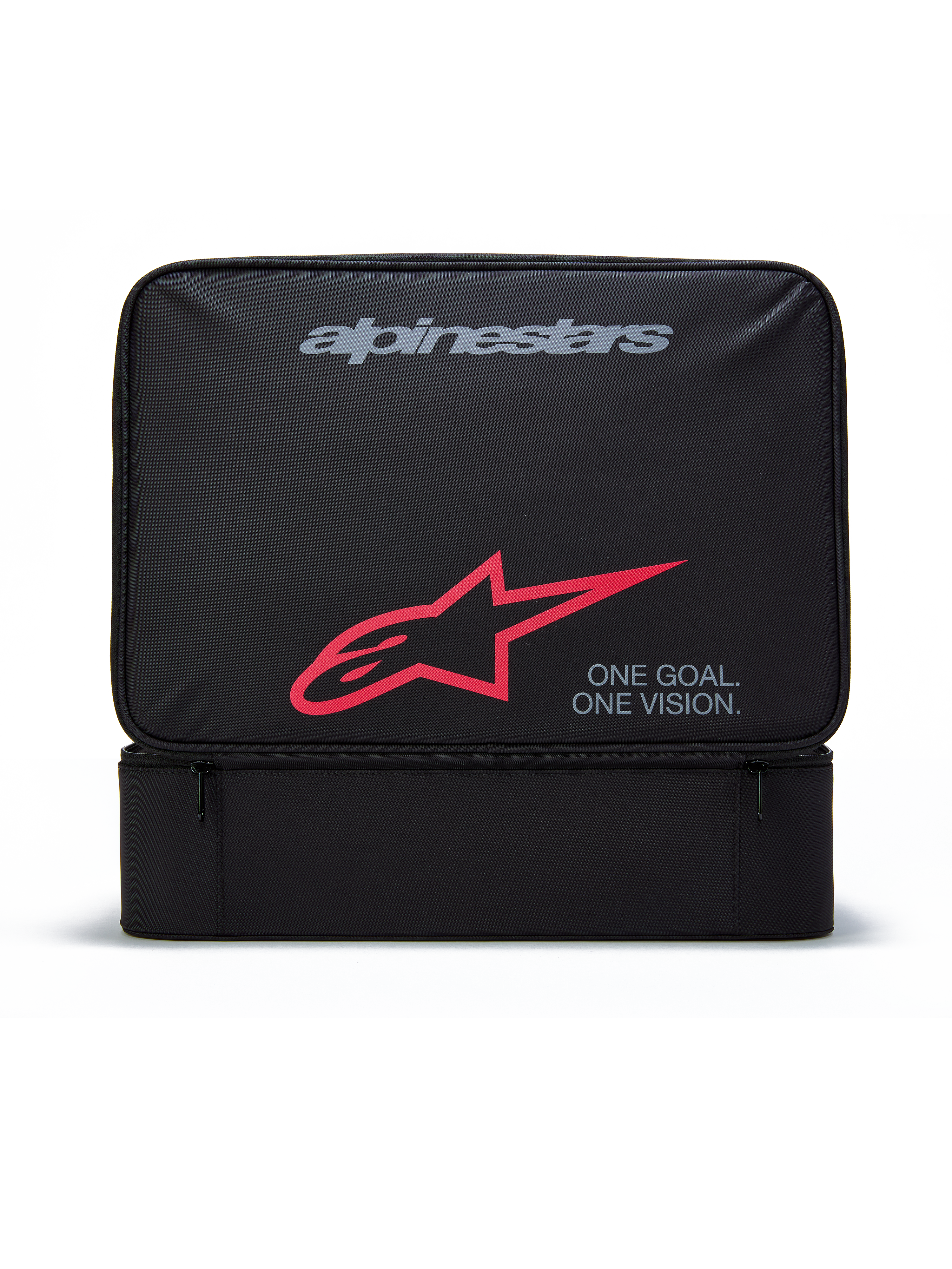 Alpinestars Supertech Vision Goggles Case, Black rectangular storage bag for motocross goggles, featuring grey Alpinestars logo, red A-star symbol, and "ONE GOAL. ONE VISION." text, durable polyester construction with zippered front pocket