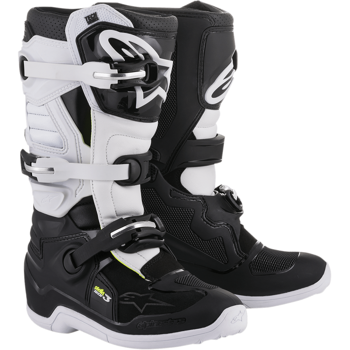 Alpinestars Women Stella Tech 3 Boots, Motocross Off-Road Boots, Black and White, featuring a three-buckle closure system, white TPU shin plates with Alpinestars branding, black microfiber upper with white panels, white soles, protective performance footwear for female riders