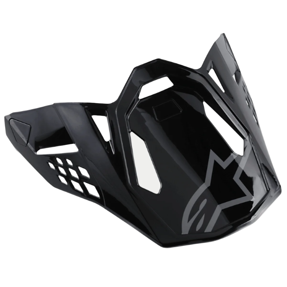 Alpinestars S-M8 Helmet Visor Radium, Glossy Black motorcycle helmet peak with gray Alpinestars logo, featuring aerodynamic angular cutouts and sharp edges, modern racing style for off-road helmets
