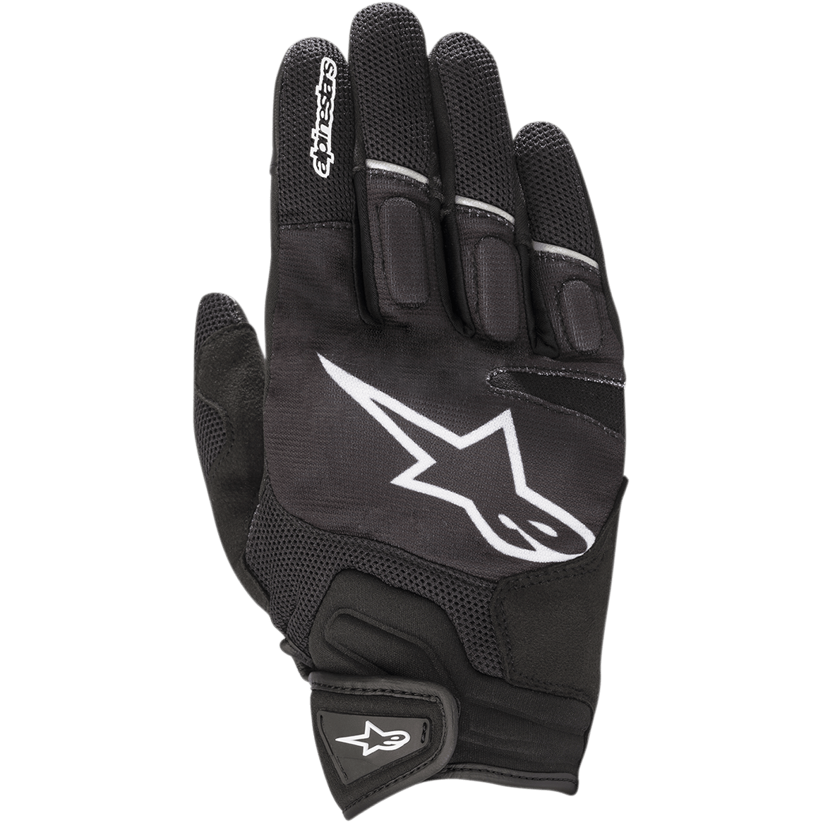 Alpinestars Atom Gloves, luvas de motociclismo leves, pretas e brancas, com um grande logótipo de estrela branco no dorso, painéis de malha para ventilação, proteção acolchoada nos nós dos dedos e fecho de pulso seguro em gancho e laço