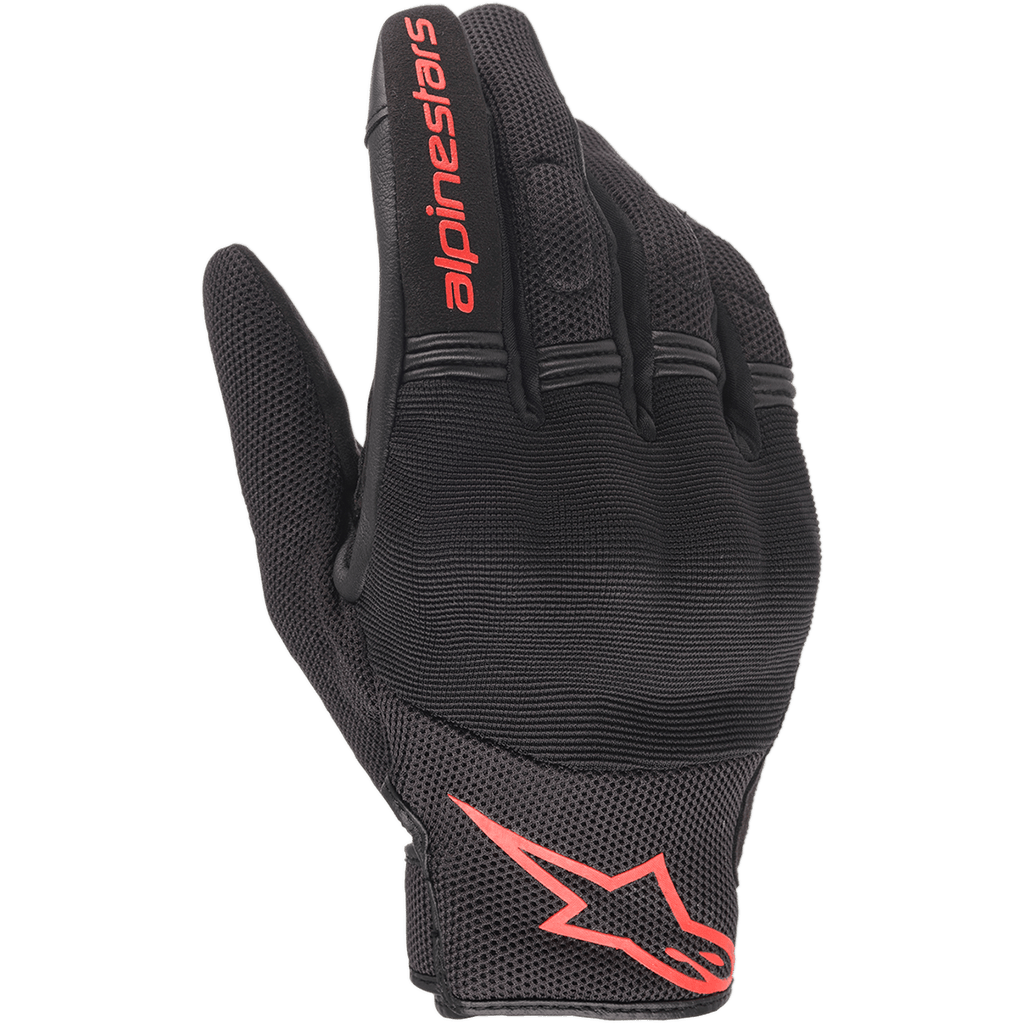 Alpinestars Copper Gloves, Urban Motorcycle Gloves, Black and Red Fluo, featuring Red Astars logo and wordmark, Mesh and Spandex construction with padded knuckles, Lightweight commuter gear