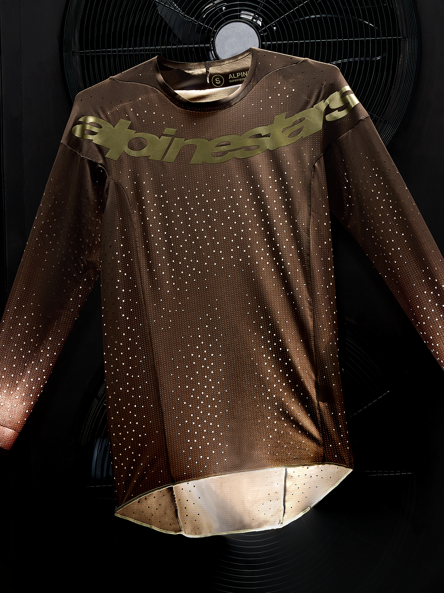 Alpinestars Limited Edition Supertech Air Gold Jersey AND Gear Set, ventilated motocross jersey in Earth Brown and Gold with laser-cut perforations.