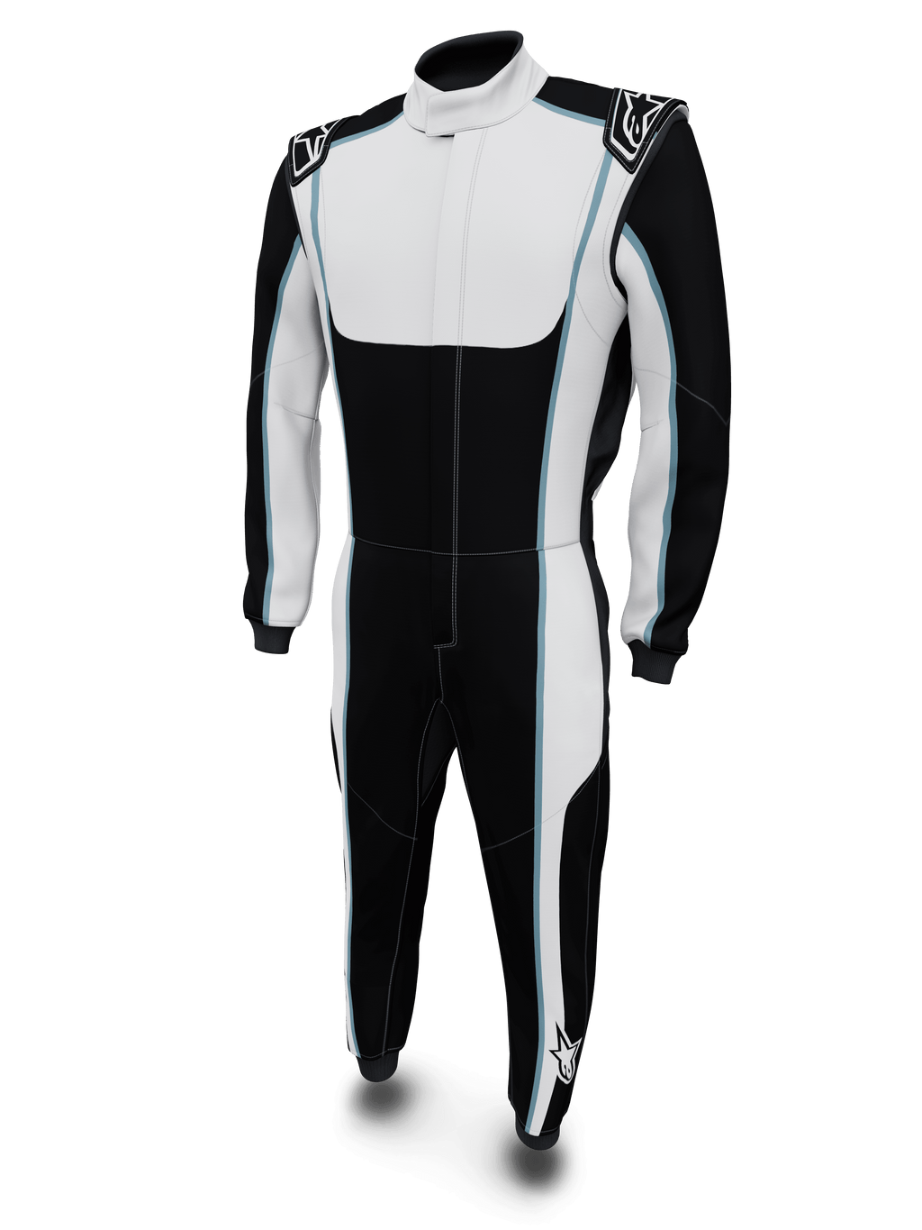 Alpinestars Macacão Personalizado Tech Vision V3, fato de automobilismo, preto e branco com detalhes azuis, certificado FIA, vista frontal
