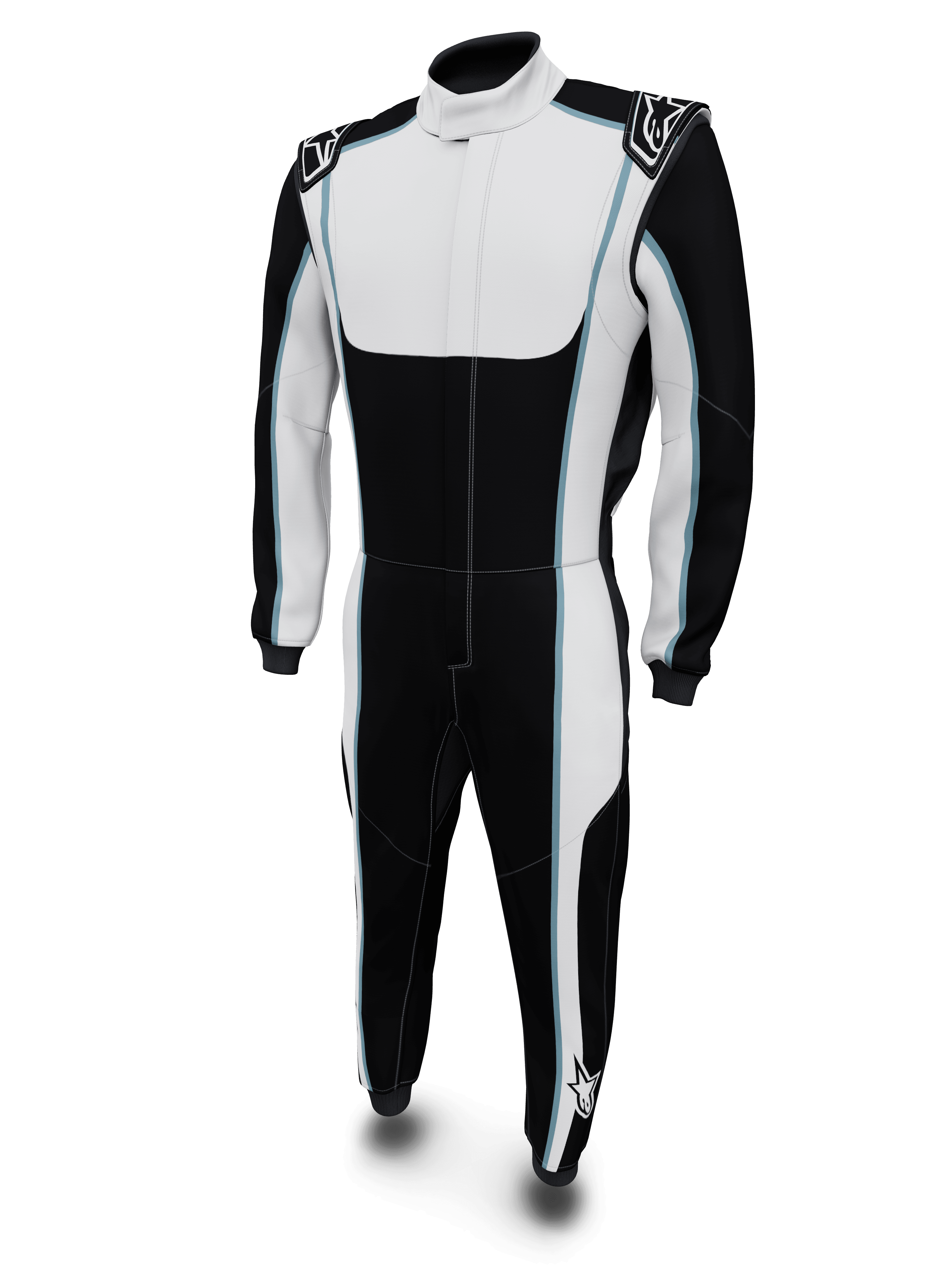 Alpinestars Macacão Personalizado Tech Vision V3, fato de automobilismo, preto e branco com detalhes azuis, certificado FIA, vista frontal
