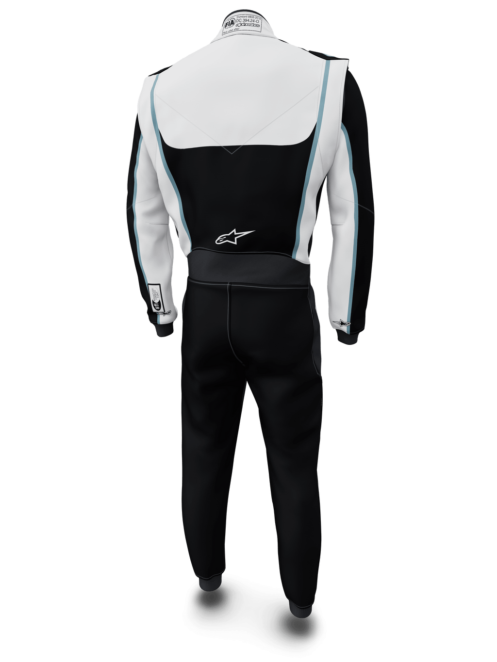 Fato Tech Vision V3 Custom da Alpinestars, fato de automobilismo, branco e preto com pormenores em azul claro, vista traseira, com o logótipo Alpinestars na zona lombar e etiqueta de certificação FIA na gola, vestuário de corrida profissional ignífugo com construção em Nomex