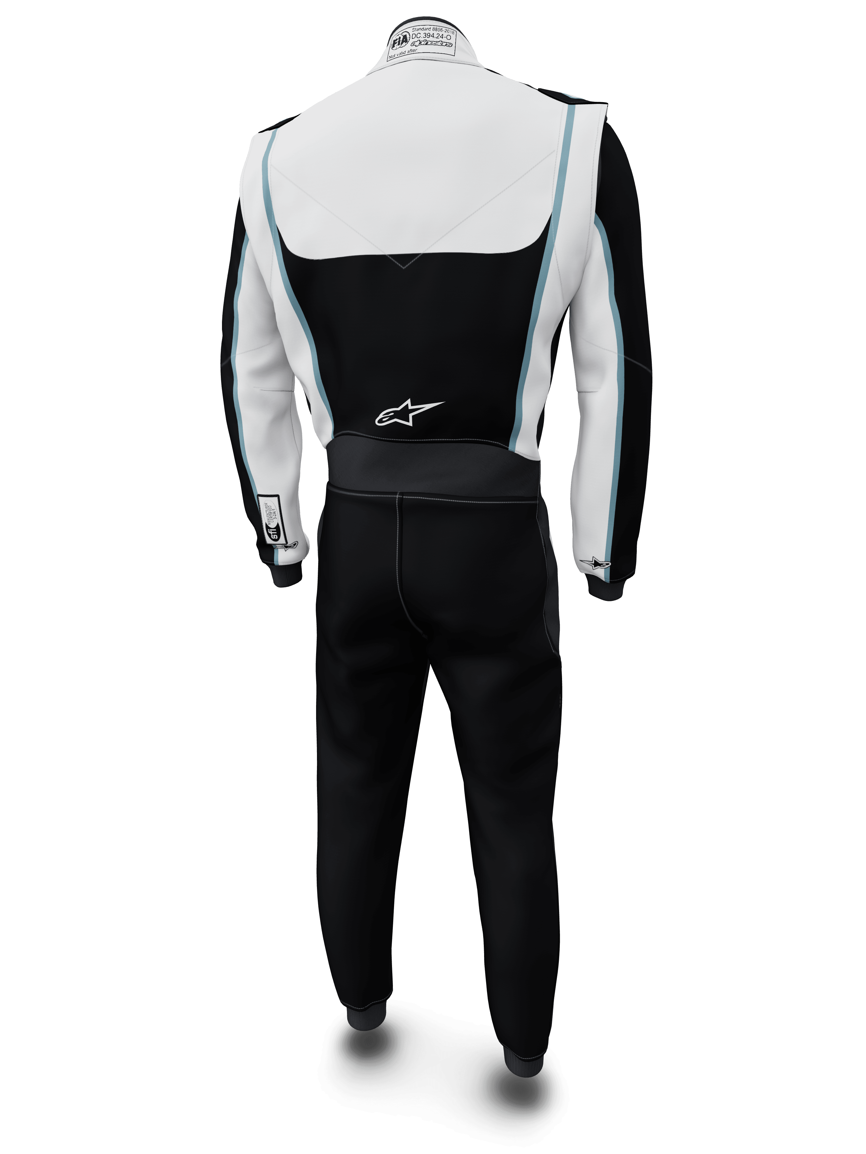 Fato Tech Vision V3 Custom da Alpinestars, fato de automobilismo, branco e preto com pormenores em azul claro, vista traseira, com o logótipo Alpinestars na zona lombar e etiqueta de certificação FIA na gola, vestuário de corrida profissional ignífugo com construção em Nomex