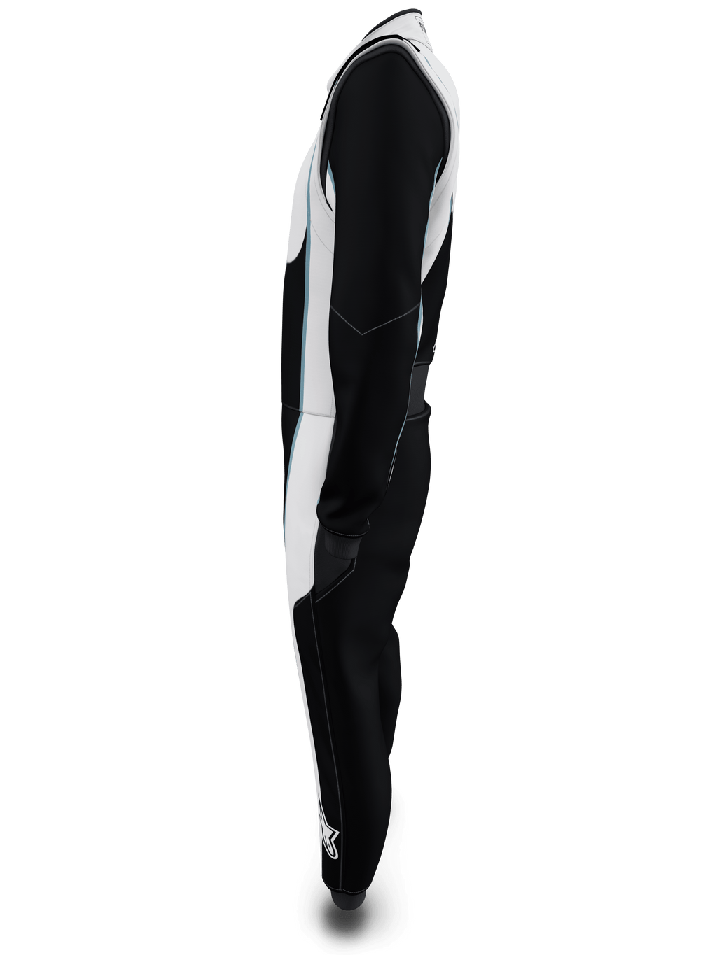 Fato Personalizado Alpinestars Tech Vision V3, vista de perfil, preto e branco com detalhes em azul claro, fato de competição automóvel profissional com certificação FIA e SFI, construção leve em Nomex