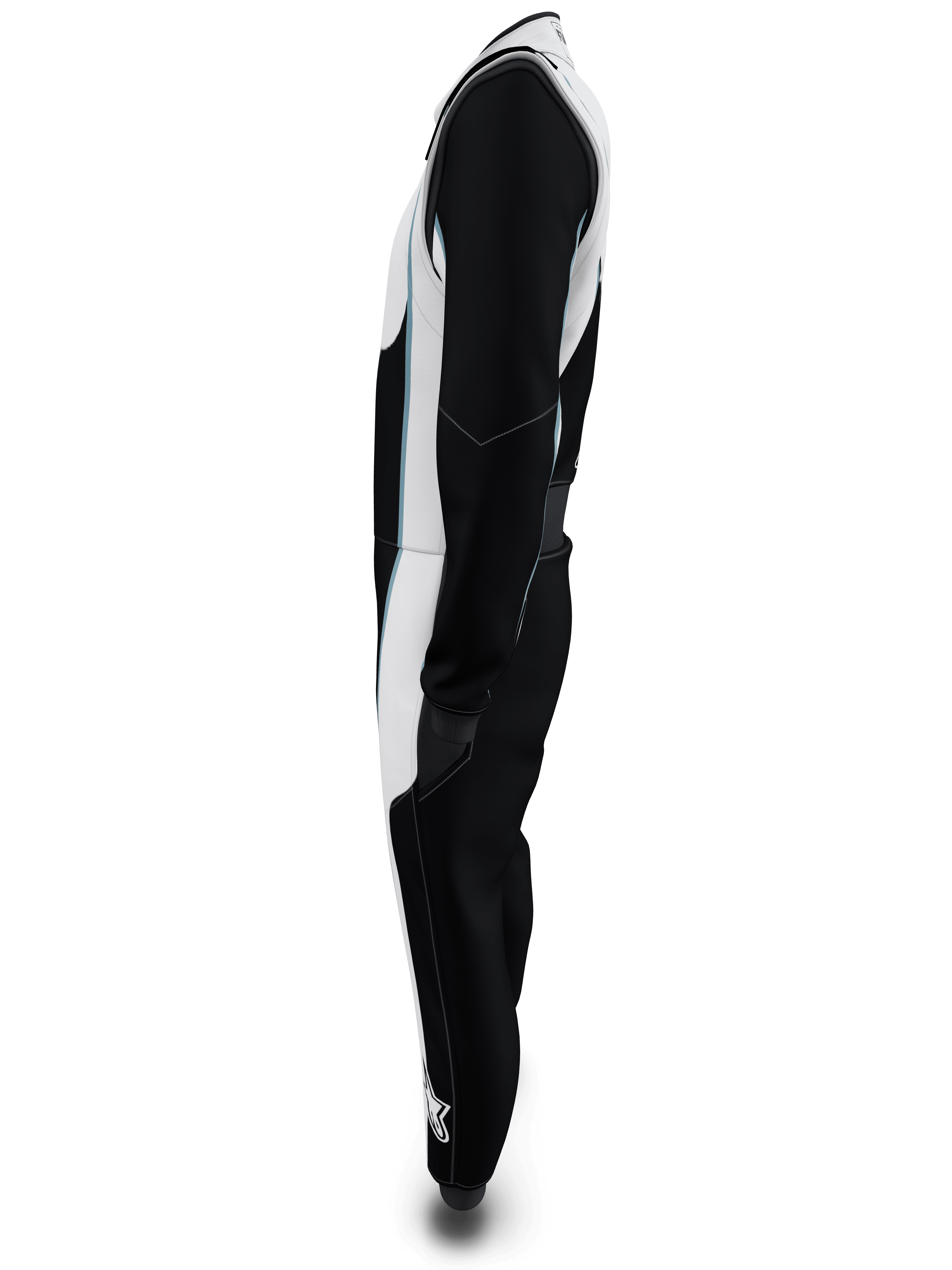 Fato Personalizado Alpinestars Tech Vision V3, vista de perfil, preto e branco com detalhes em azul claro, fato de competição automóvel profissional com certificação FIA e SFI, construção leve em Nomex