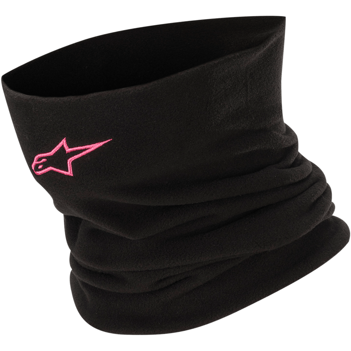 Alpinestars Neck Warmer, Black fleece tubular neck gaiter with pink star logo, soft warm fabric for cold weather motorcycle riding and motorsports