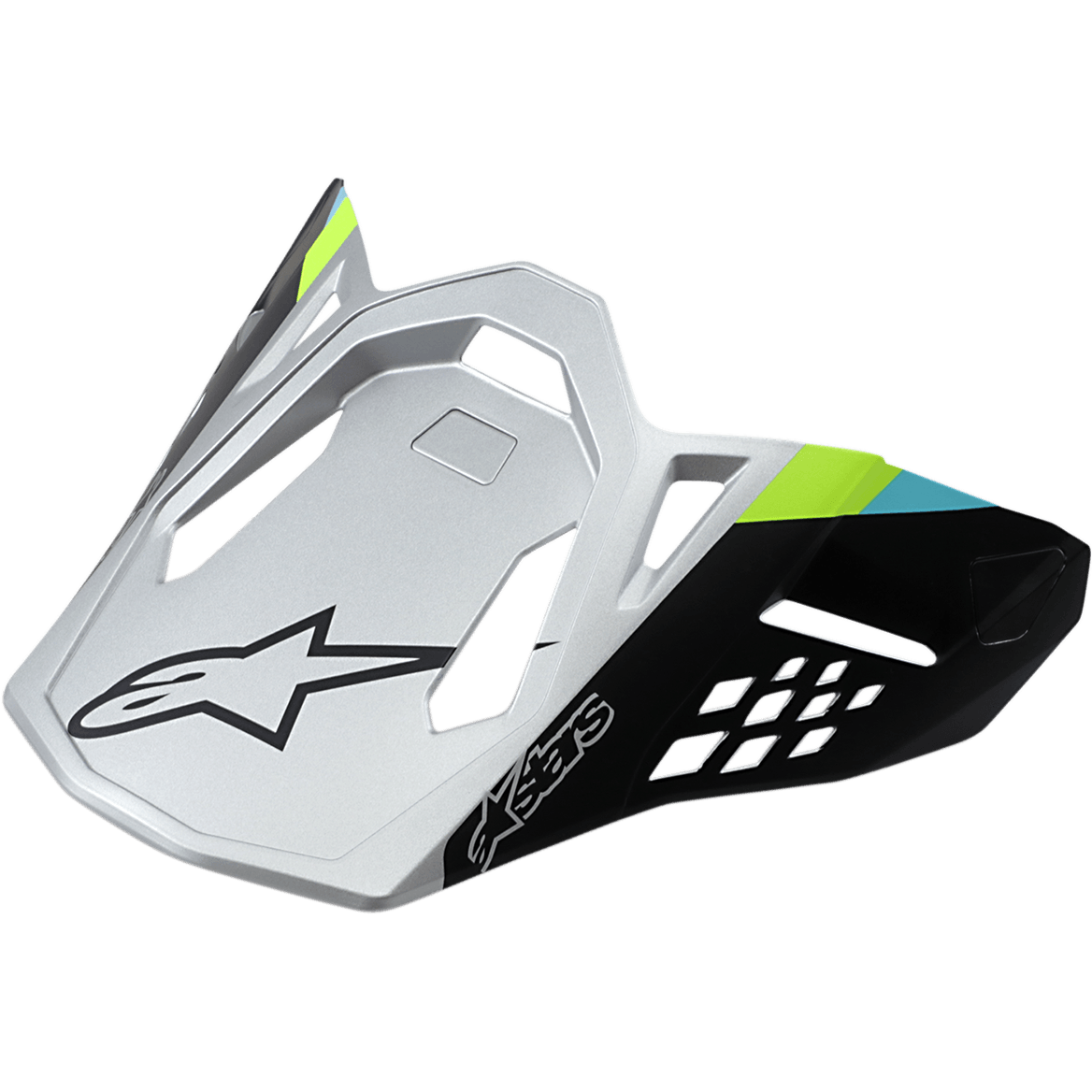 Alpinestars Supertech M8 Helmet Visor Contact, Matte Silver and Black, Lime Green and Cyan accents, angular aerodynamic design with black star logo, geometric ventilation cutouts, replacement peak for motocross helmets