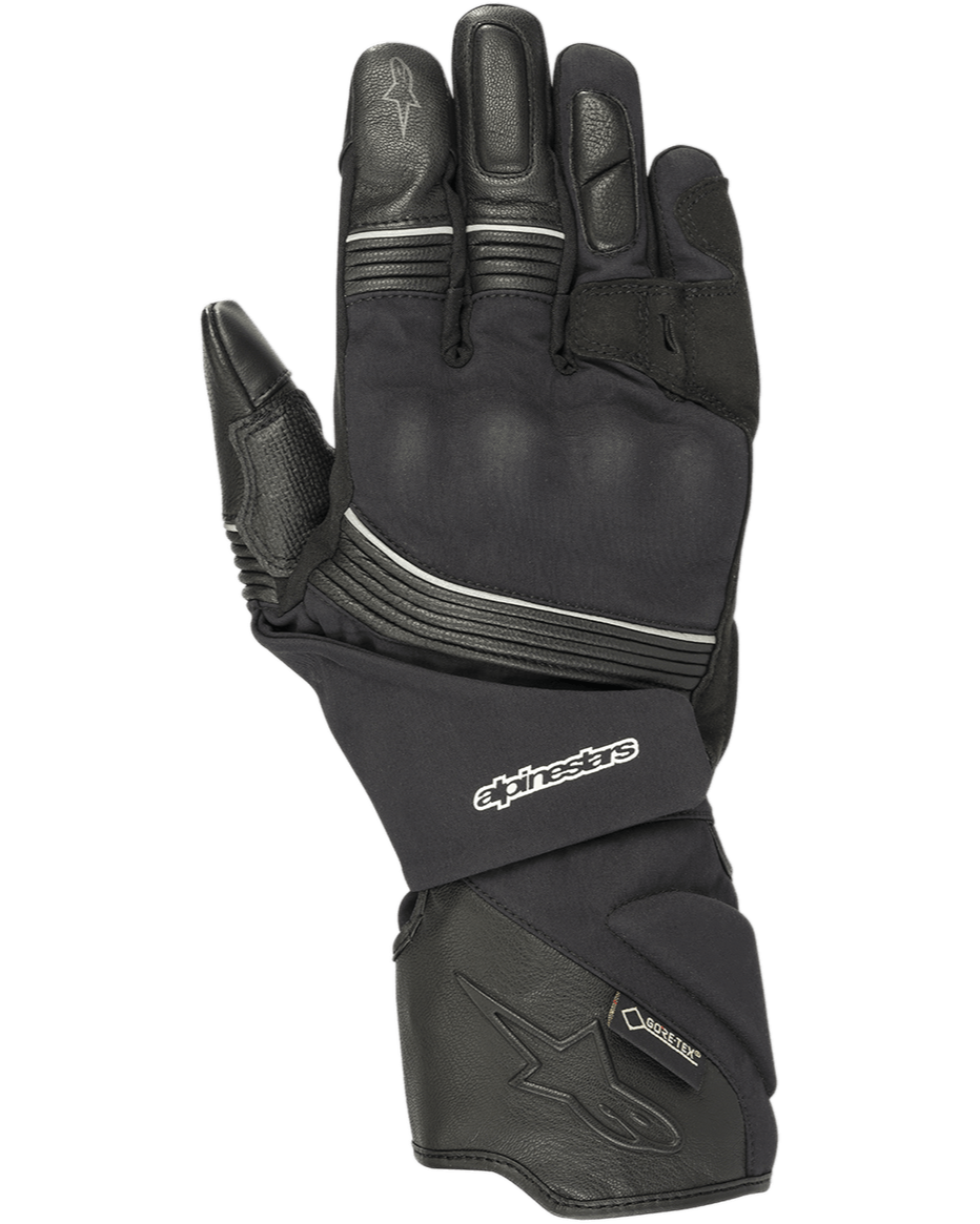 Luvas Alpinestars Jet Road, luvas de motociclismo pretas, Gore-Tex impermeável, construção em pele e têxtil, punho longo, proteção reforçada nos nós dos dedos, vivos refletores, equipamento de turismo de aventura