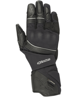 Luvas Alpinestars Jet Road, luvas de motociclismo pretas, Gore-Tex impermeável, construção em pele e têxtil, punho longo, proteção reforçada nos nós dos dedos, vivos refletores, equipamento de turismo de aventura