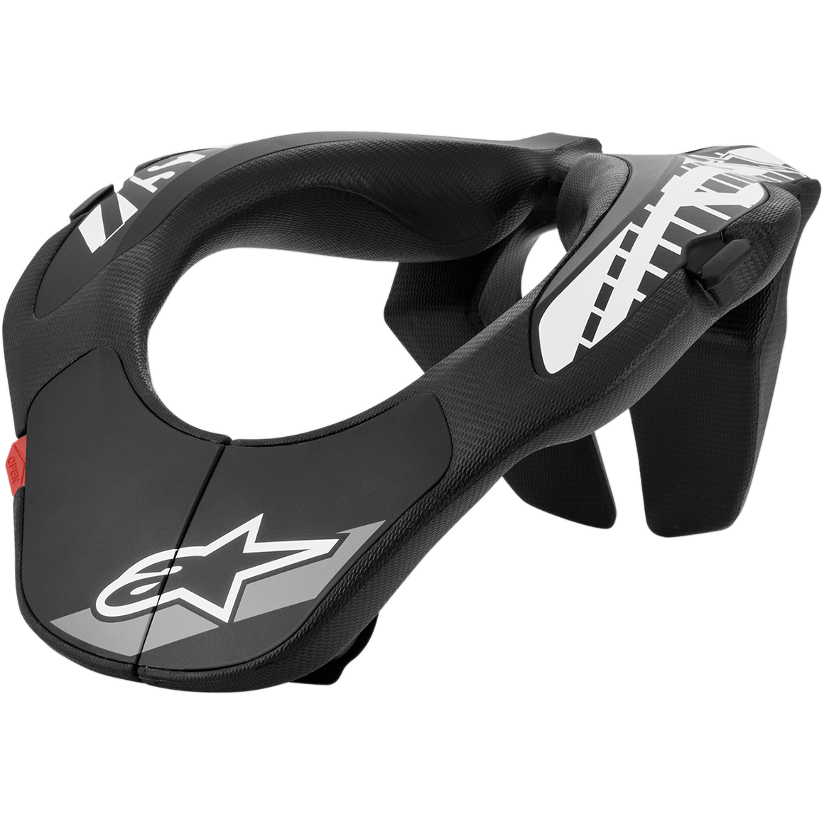 Alpinestars Youth Neck Support, colar cervical para motocross, preto com grafismos brancos e aba vermelha, design ergonómico com superfície texturizada, equipamento de proteção para jovens