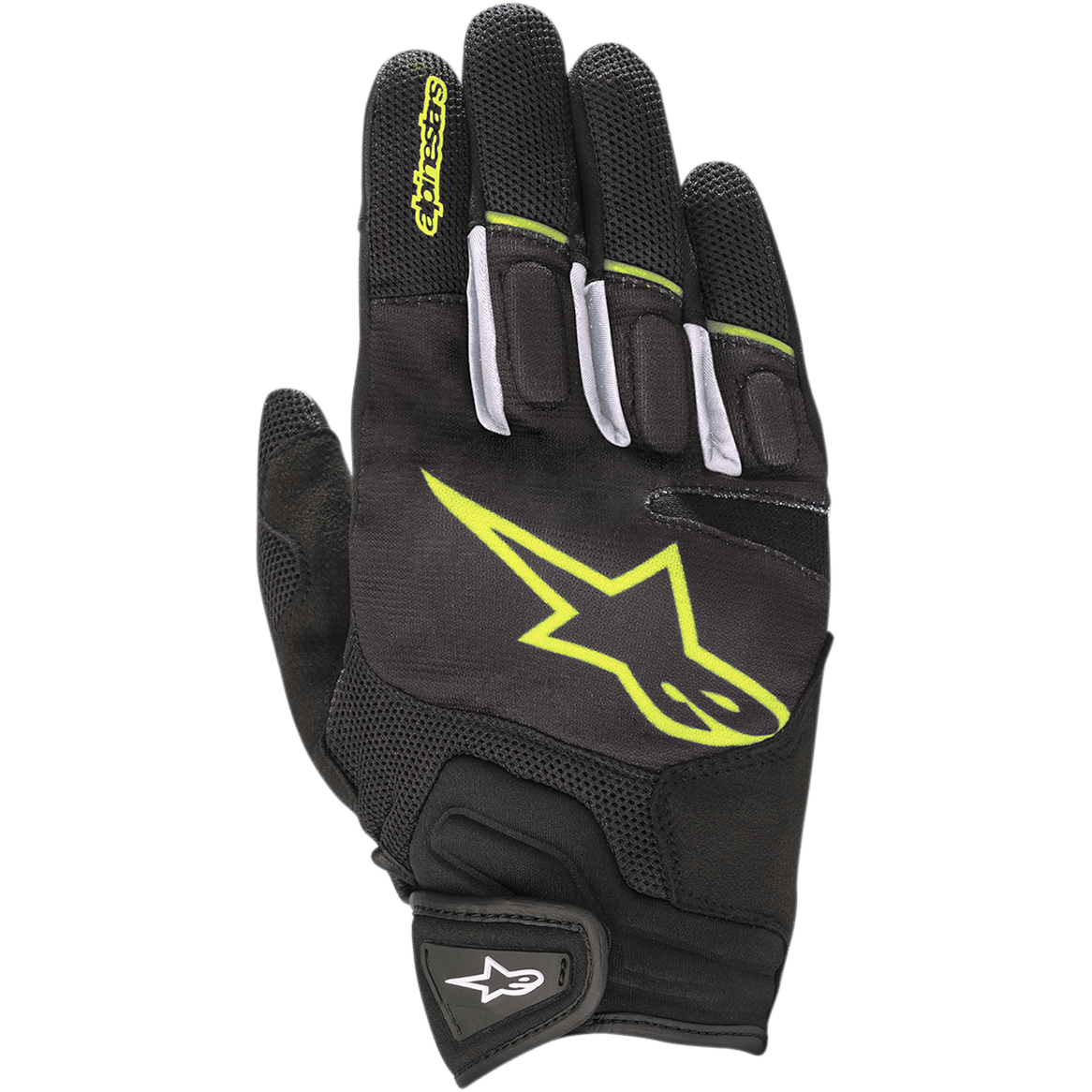 Luvas Alpinestars Atom, luvas de motociclismo de estrada leves, pretas e amarelo fluorescente, estrutura em malha para circulação de ar, logótipo grande em amarelo fluorescente nas costas da mão, detalhes brancos nos dedos e tira de velcro no pulso para uso urbano