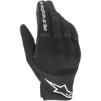 Alpinestars Stella Copper Women's Gloves, Black and White Motorcycle Gloves, urban style with mesh ventilation, featuring a white star logo on the cuff and white text on the index finger, lightweight textile construction.