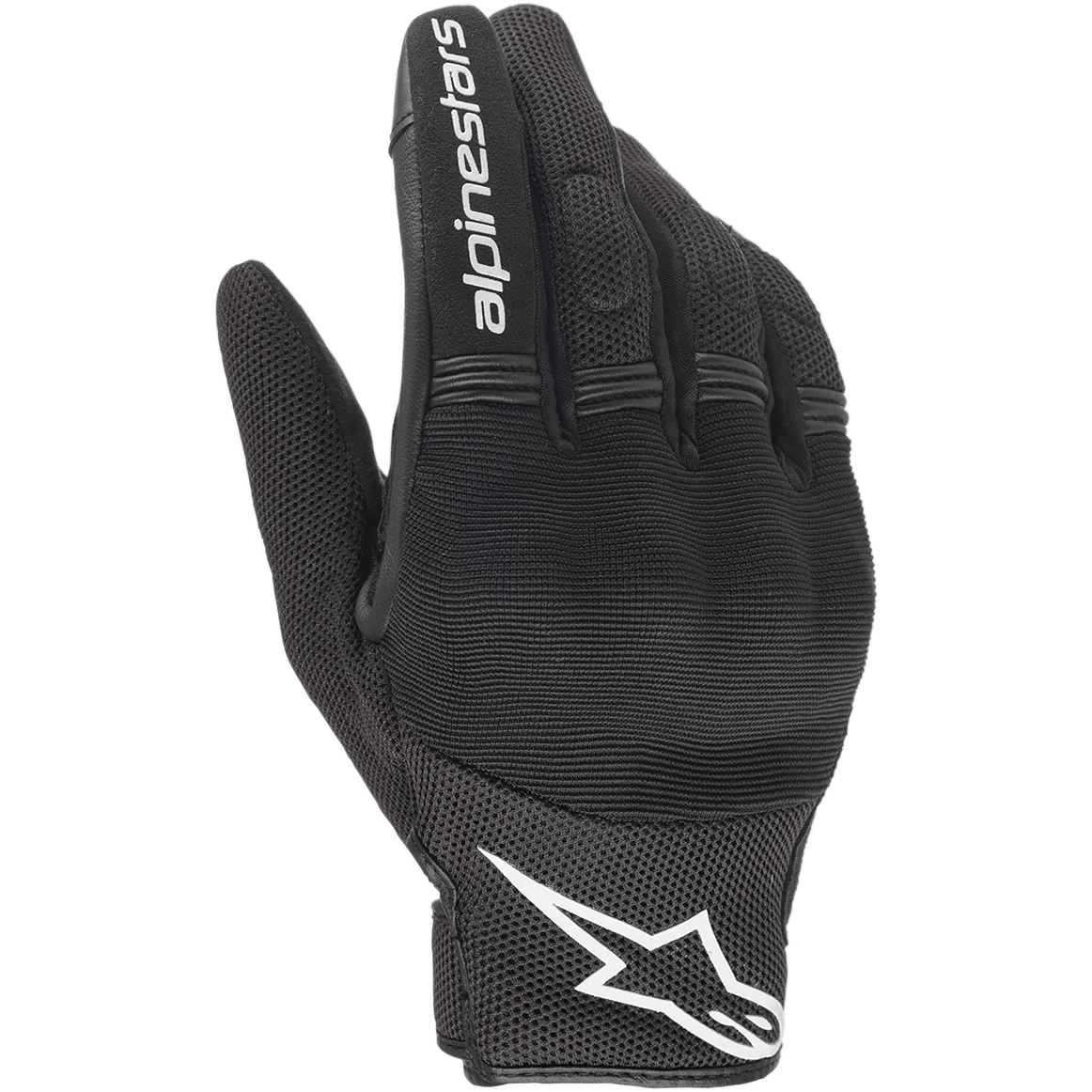 Alpinestars Stella Copper Women's Gloves, Black and White Motorcycle Gloves, urban style with mesh ventilation, featuring a white star logo on the cuff and white text on the index finger, lightweight textile construction.