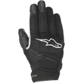Luvas Alpinestars Faster, luvas de motociclismo pretas com logótipo branco, tecnologia Thermo Windtech, proteção acolchoada nas articulações, construção em softshell multimaterial e design urbano de punho curto.