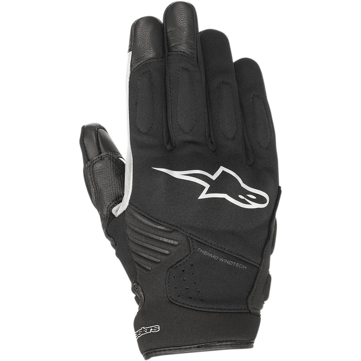 Luvas Alpinestars Faster, luvas de motociclismo pretas com logótipo branco, tecnologia Thermo Windtech, proteção acolchoada nas articulações, construção em softshell multimaterial e design urbano de punho curto.