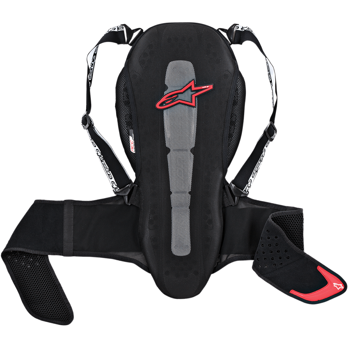 Alpinestars Nucleon Kr-2 Back Protector, proteção de costas para motociclismo, preto com logótipo de estrela vermelho, construção em malha com painel central cinzento, alças e cinto de cintura ajustáveis, design ergonómico com almofadas laterais perfuradas