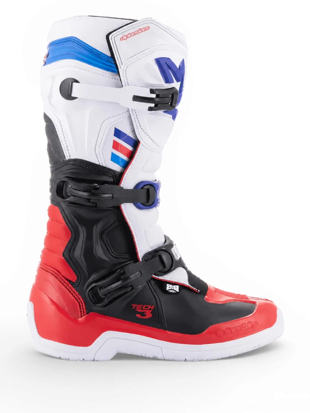 Alpinestars Tech 3 motocross boots, white and bright red with dark blue accents, black TPU protection and three-buckle closure, side view