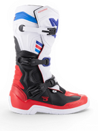 Alpinestars Tech 3 motocross boots, white and bright red with dark blue accents, black TPU protection and three-buckle closure, side view