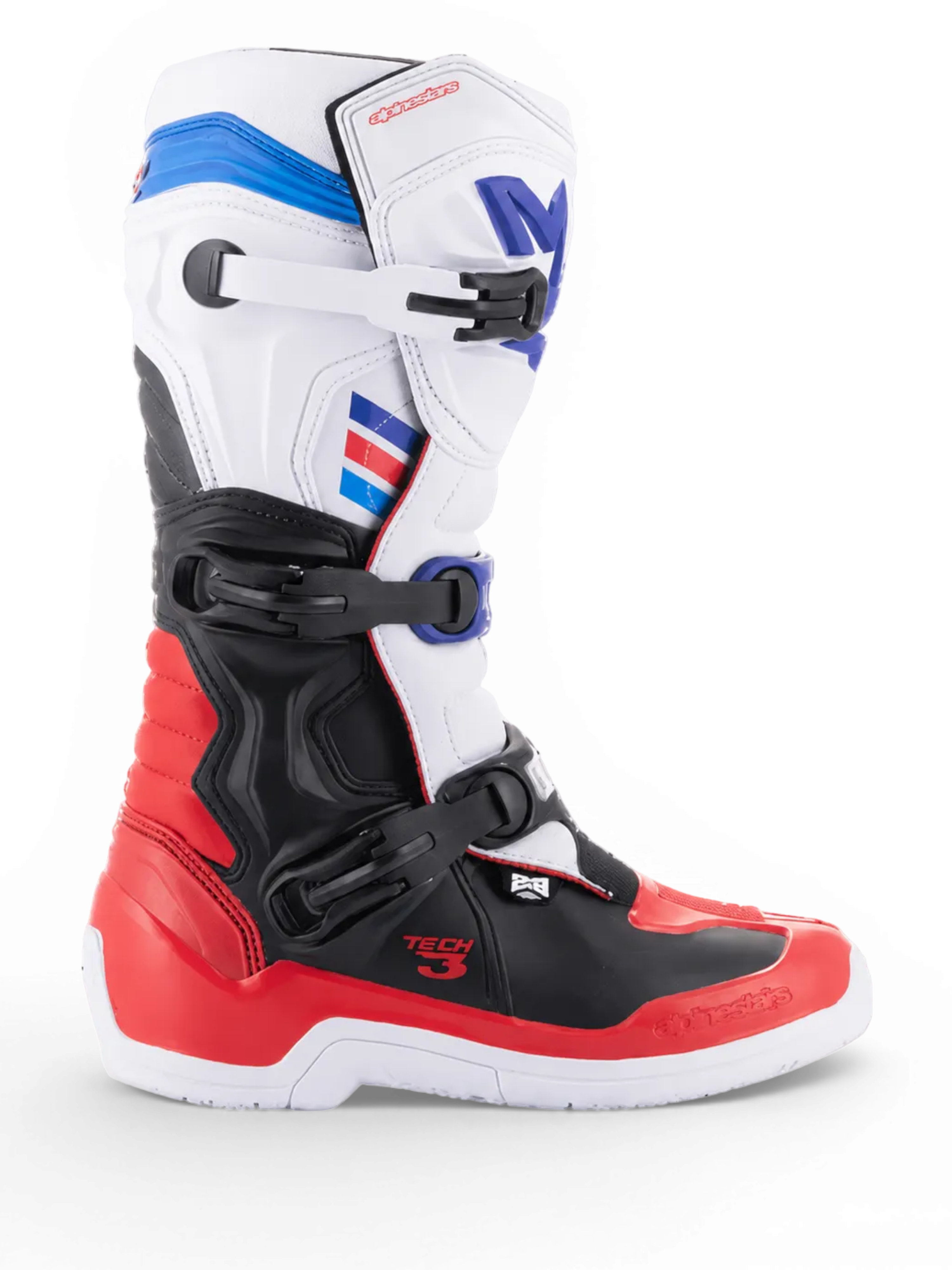 Alpinestars Tech 3, botas de motocross brancas e vermelhas com detalhes azul-escuros, proteção em TPU preto e fecho lateral com três fivelas