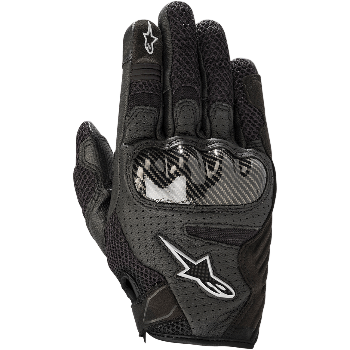 Women's Alpinestars Stella SMX-1 Air V2 Gloves, Black, Motorcycle Riding Gloves, featuring perforated leather and breathable mesh, carbon fiber-style knuckle protection, white Alpinestars star logos, sport-oriented short cuff design